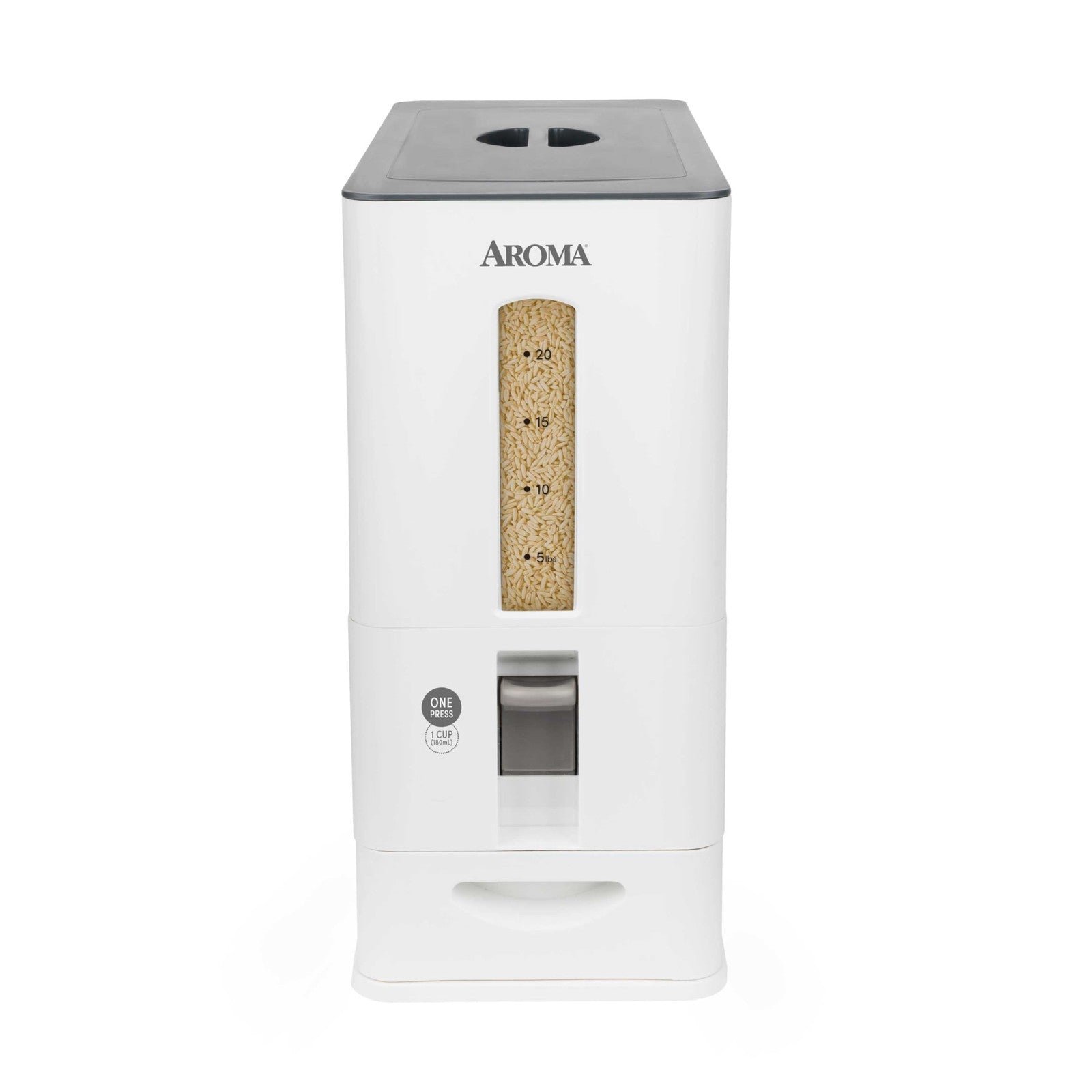 White Aroma Housewares 27lbs large rice dispenser with a clear lid and dispensing spout, measuring 7.25x16.5x16.5 inches.