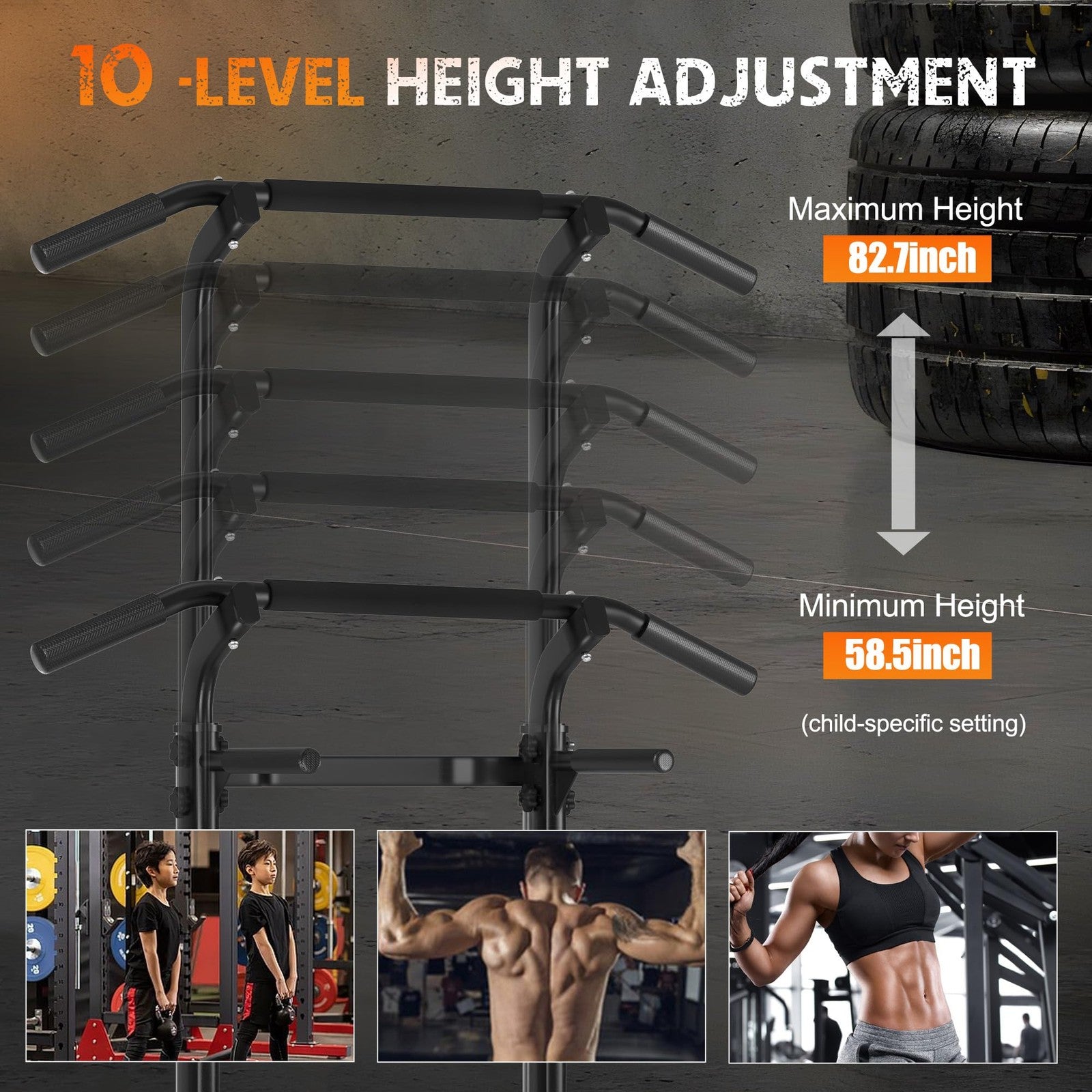 SogesHome power tower with adjustable pull-up bar and dip station, featuring black and silver metal frame for home gym workouts.