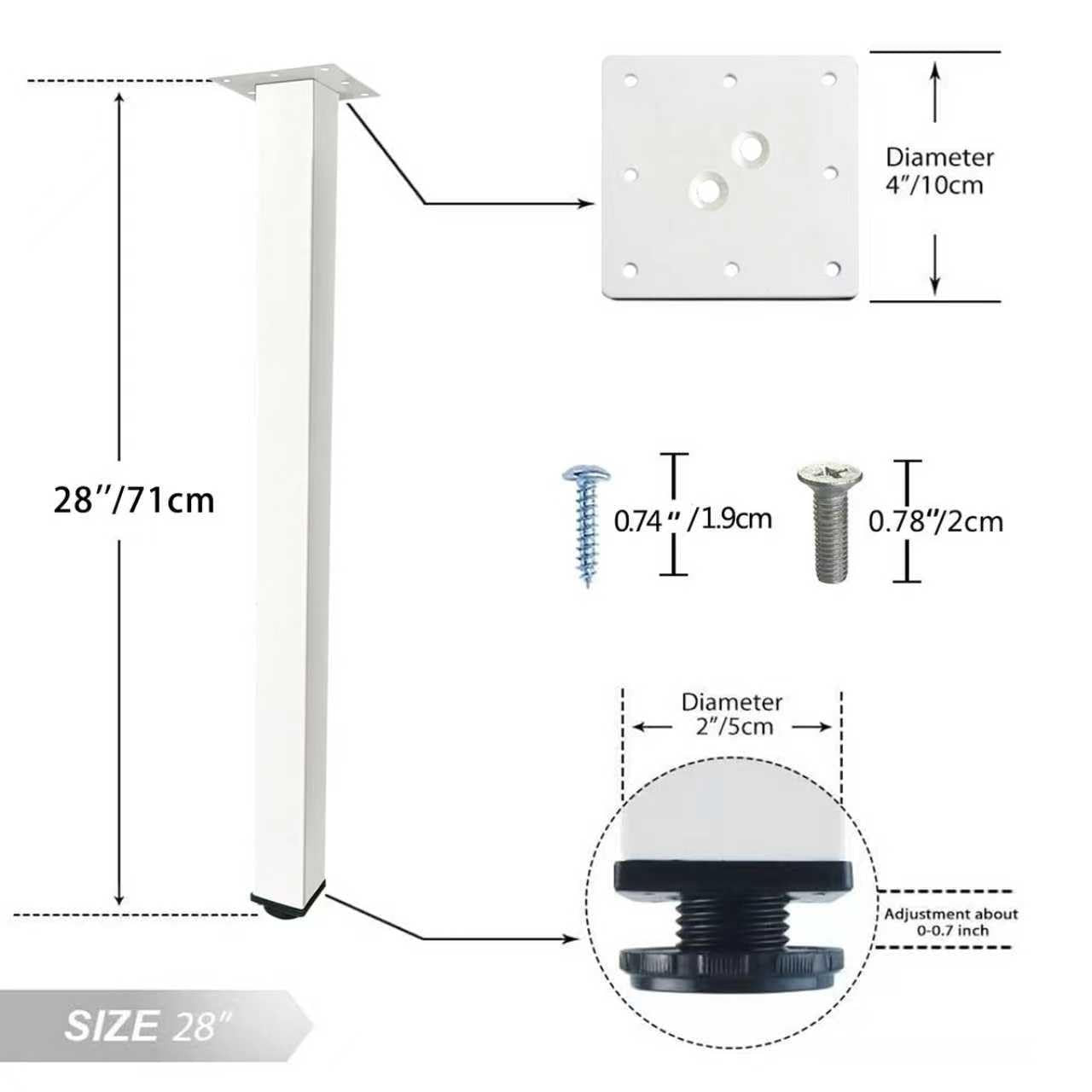 Qlly 28-inch adjustable metal desk legs with square design, ideal for office tables and furniture construction.