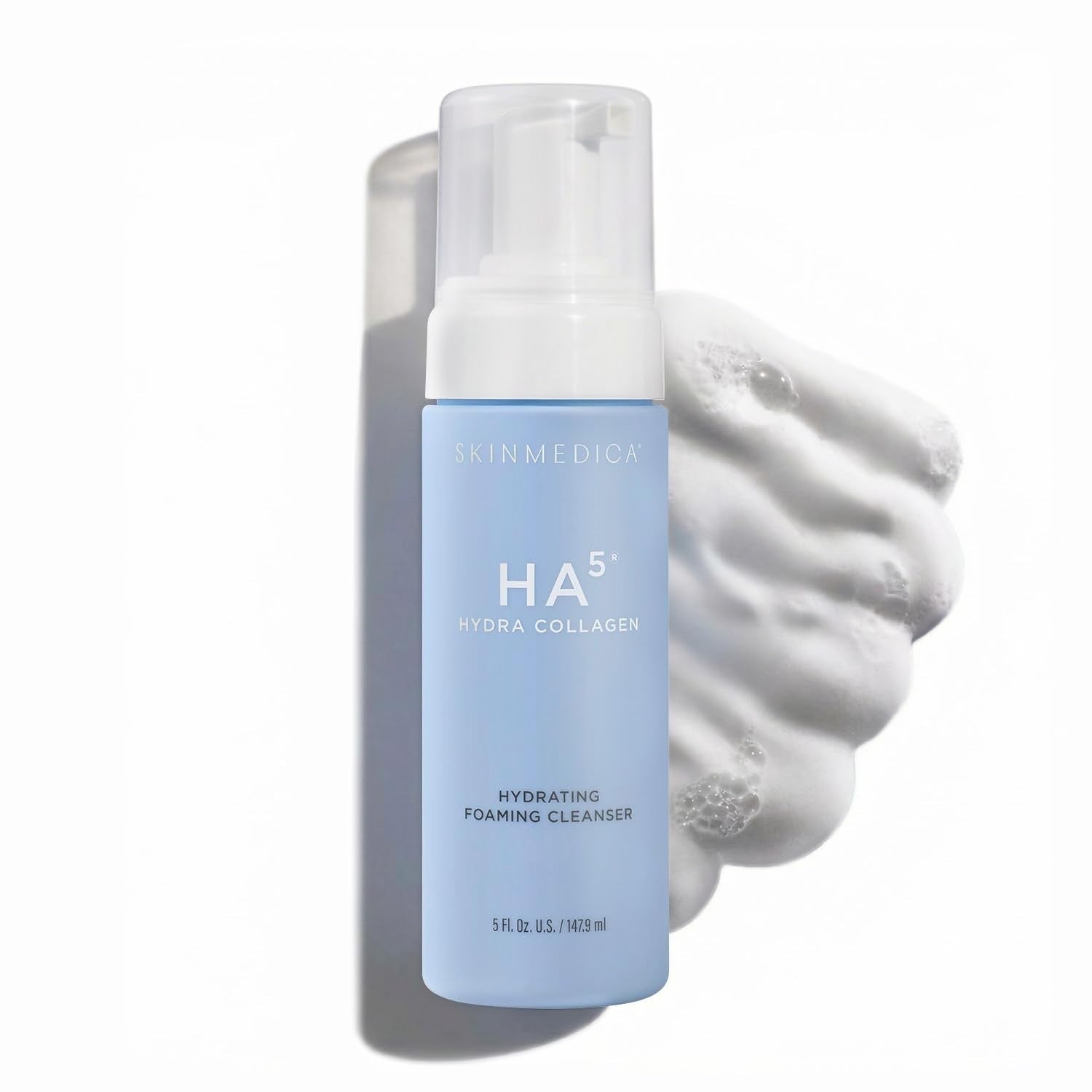 SkinMedica HA5 Hydra Collagen Foaming Cleanser showing the white pump bottle with label and foam cleanser texture
