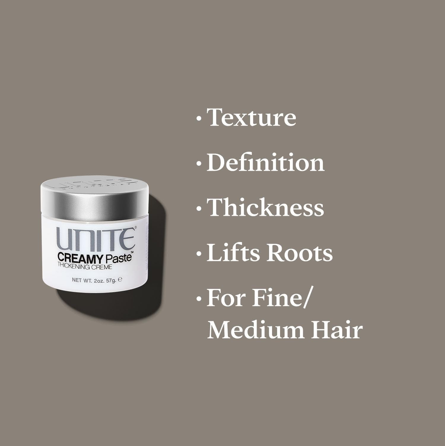 UNITE Hair Creamy Paste styling cream for thickness, texture, and definition, with a smooth, creamy consistency in a jar