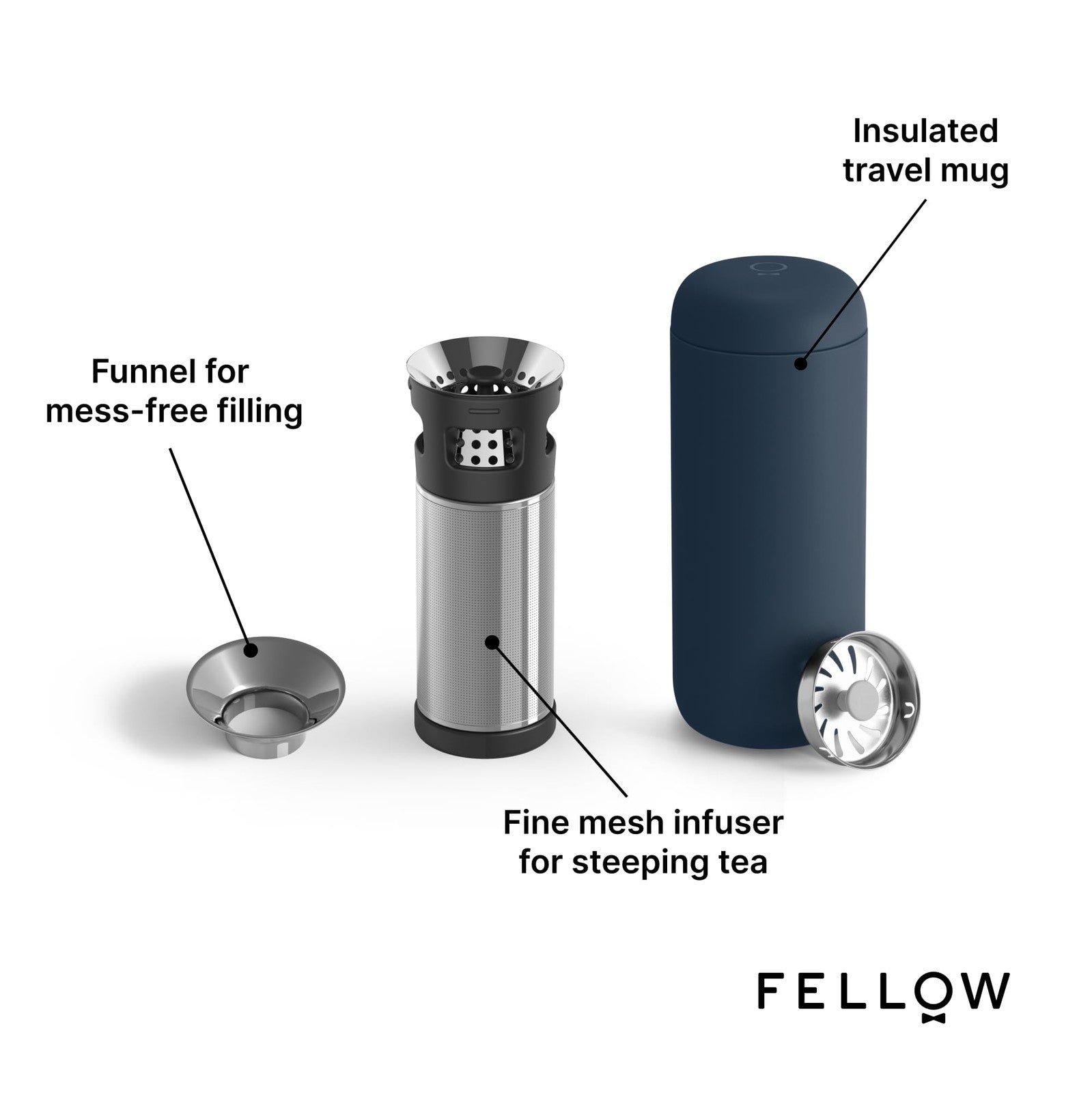 Fellow Carter tea and cold brew infuser with 16 oz Carter Move tumbler, featuring stainless steel lid and clear glass body.
