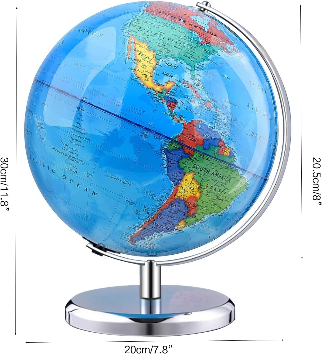 TTKTK world globe with stainless steel stand, rotating spinning earth globe for educational and decorative use.