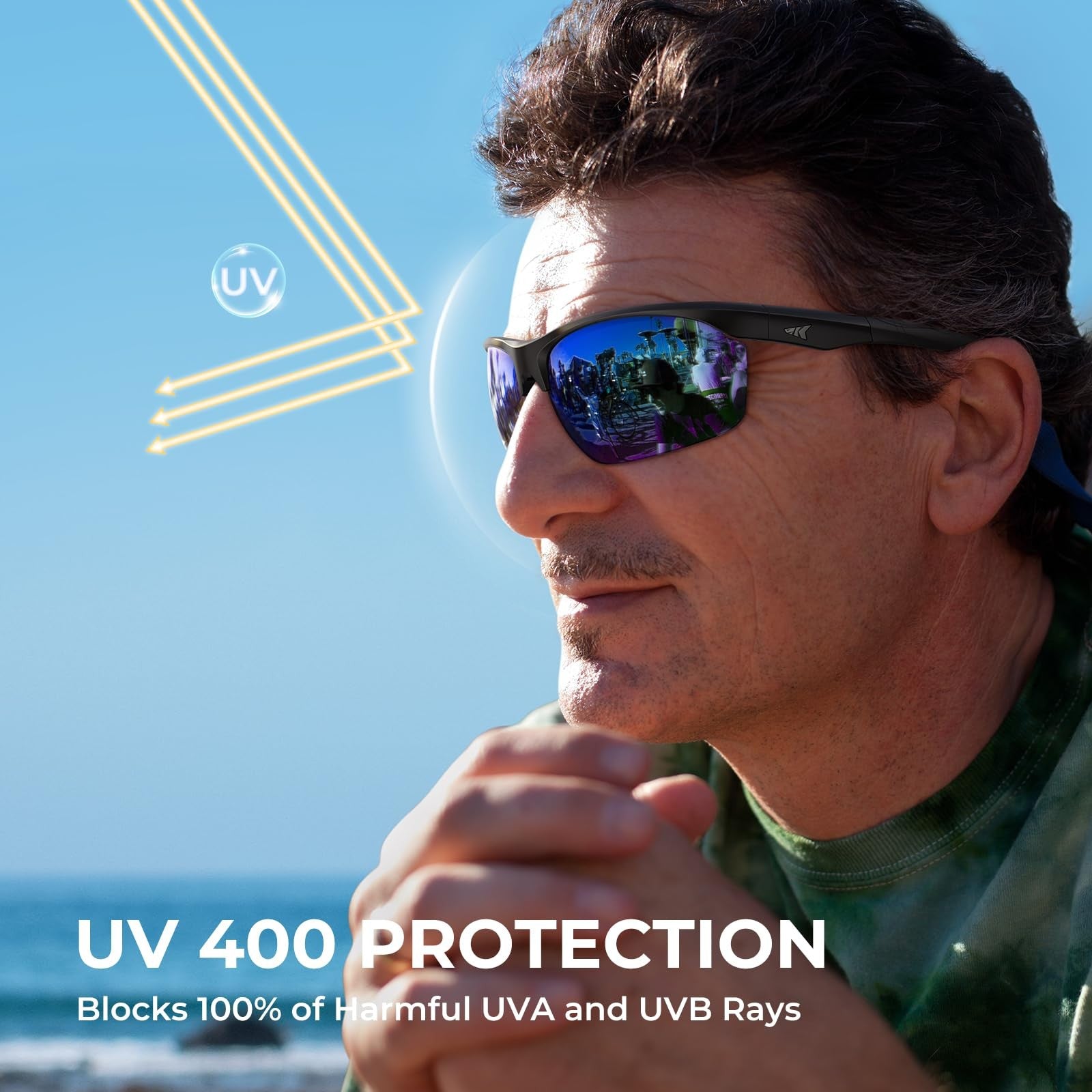 KastKing Tugaloo semi-rimless polarized bifocal reader sunglasses with 1.5 magnification, featuring tinted lenses and sporty design.