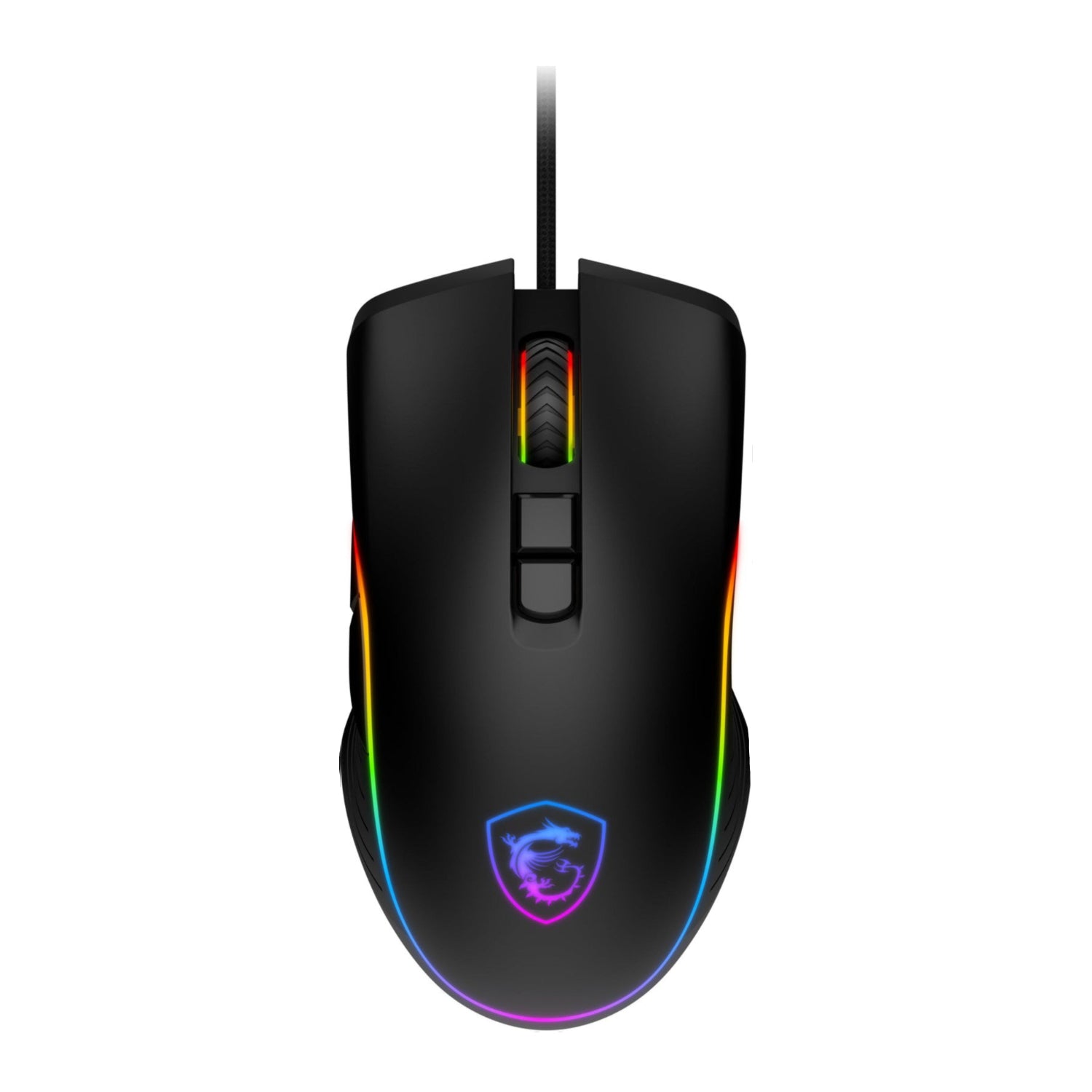 MSI Forge GM300 gaming USB mouse with RGB lighting, lightweight design, and adjustable up to 7200 DPI on desktop or lap.