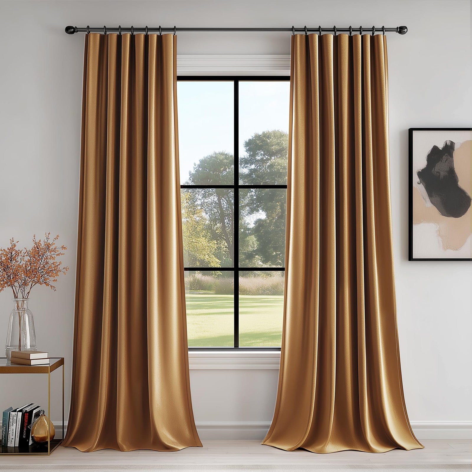FMFUNCTEX velvet blackout curtains in gold brown with thermal insulation, designed for bedroom privacy and light blocking.