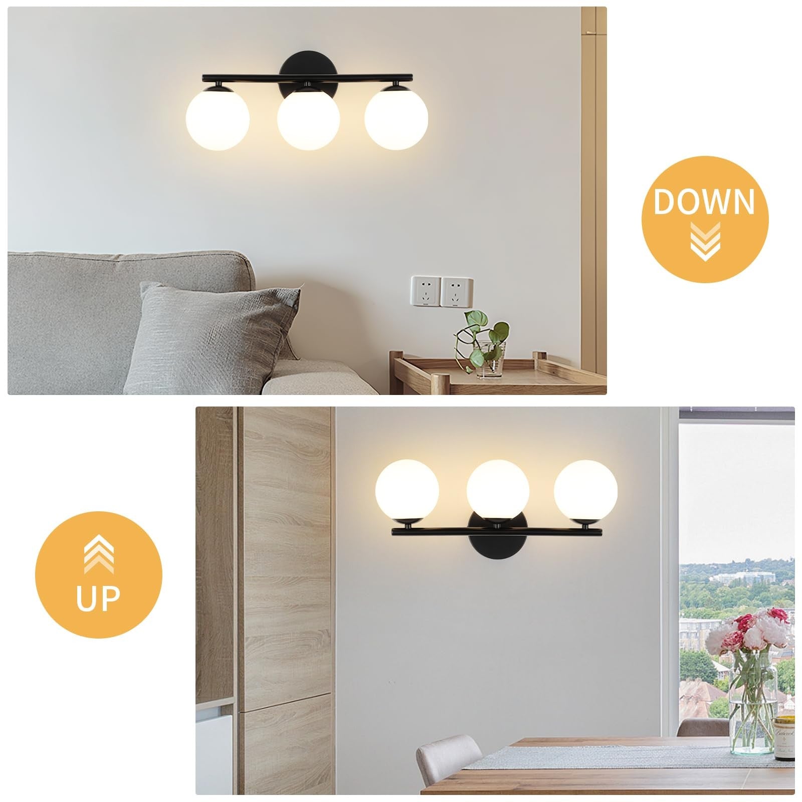Foucasal black globe bathroom vanity light fixture with three plastic globe lights on a sleek black mount.