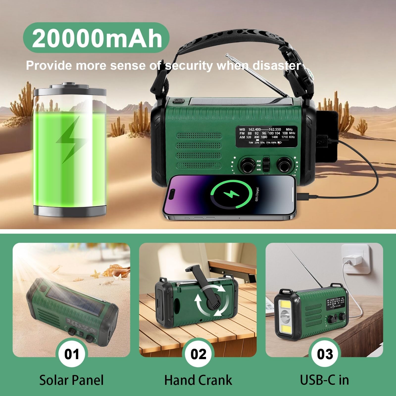 Leaton hand crank emergency radio with NOAA weather alerts, AM/FM, solar power, and 20000mAh battery, portable for outdoor use