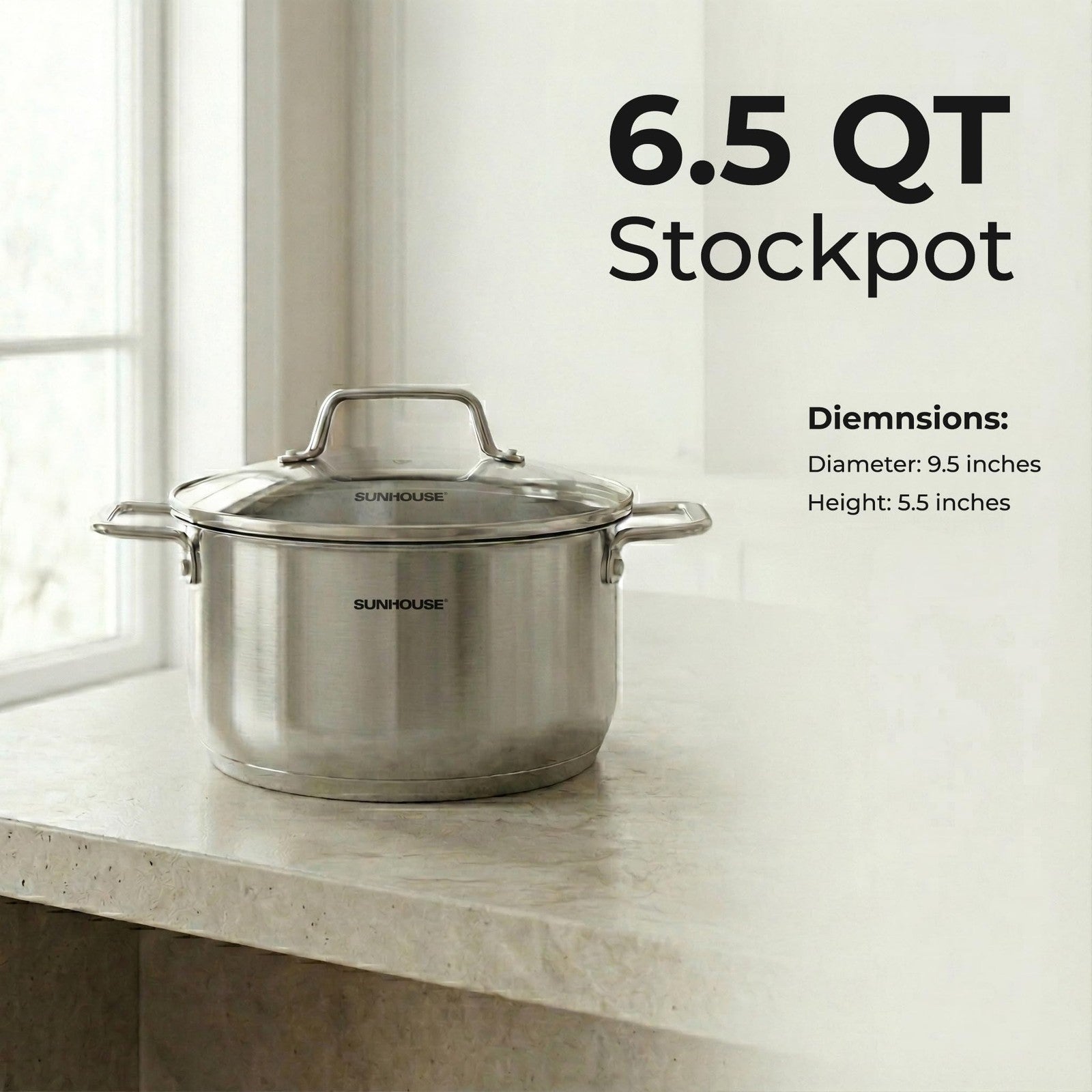 Sunhouse 6.5 quart stainless steel stock pot with heavy-duty design, ideal for induction cooking and large meal preparation.