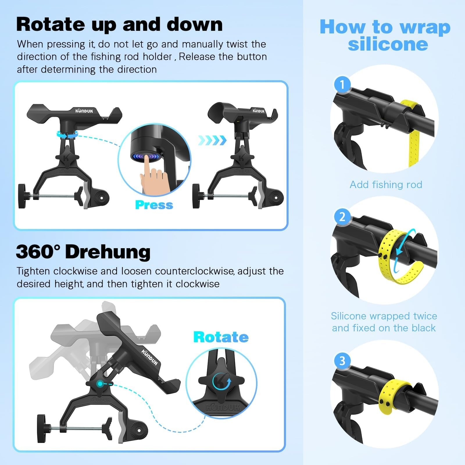 KUNDUK upgraded fishing rod holder with button-lock, 360° dual rotation, universal silicone design for secure fishing rod support