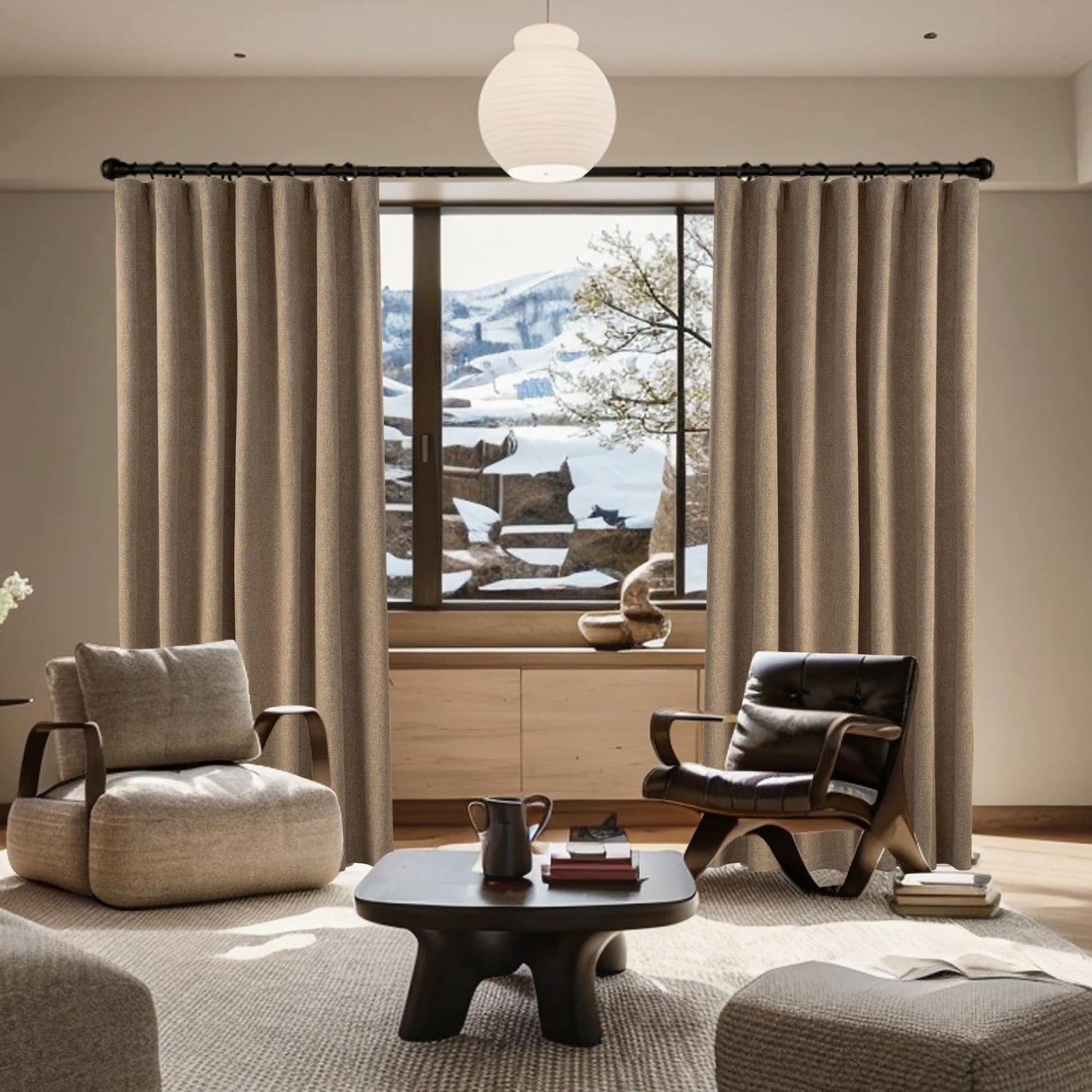 KangBang Biscuit extra wide blackout curtains for sliding patio door, two black panels with smooth fabric and rod pockets.
