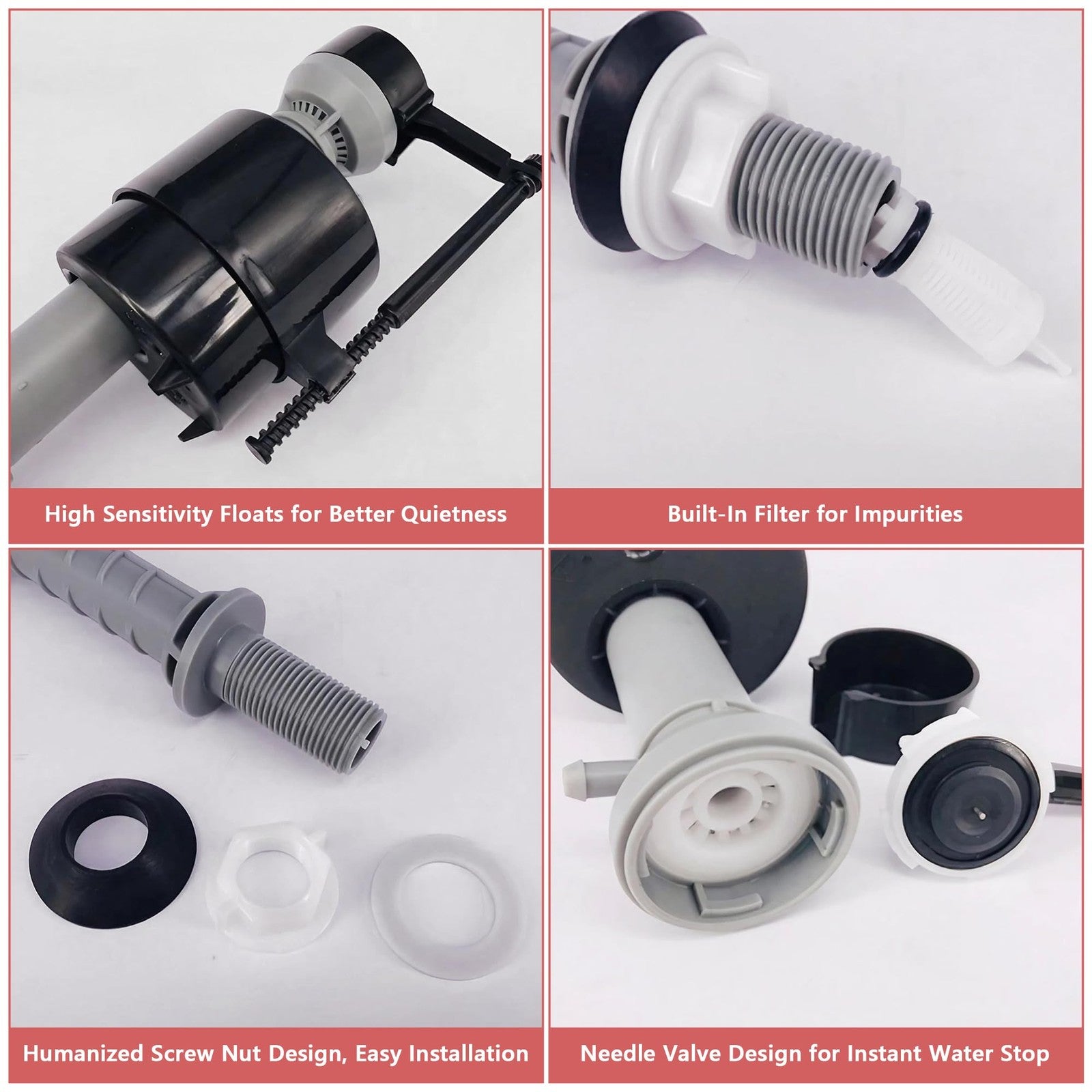 Saillong 4-piece toilet float replacement kit with universal 2-inch flapper and flusher components for toilet repair.