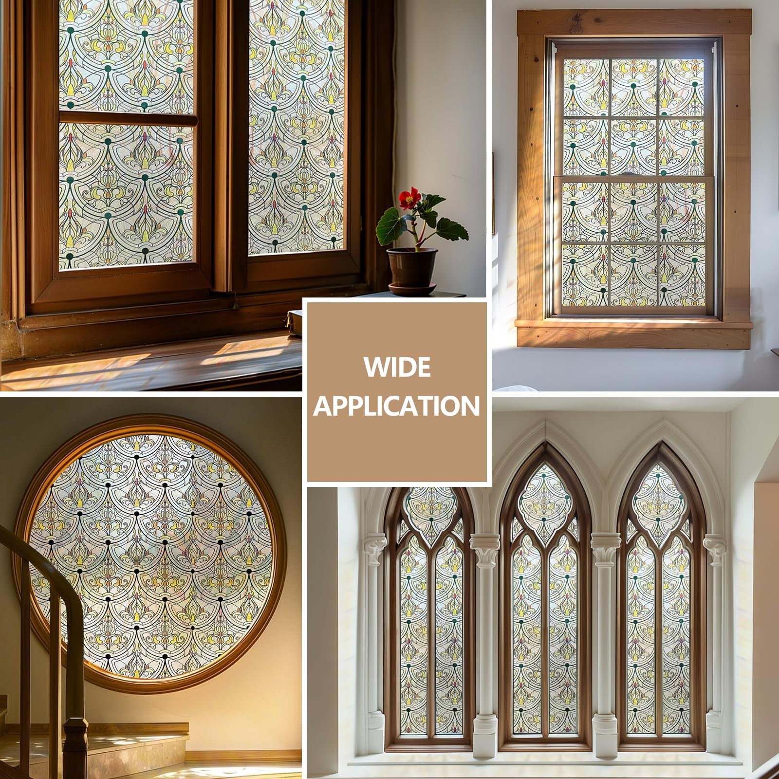 Decorative 3D stained glass window film by ADD.HERES featuring golden ironwork design for privacy on bathroom or front door.