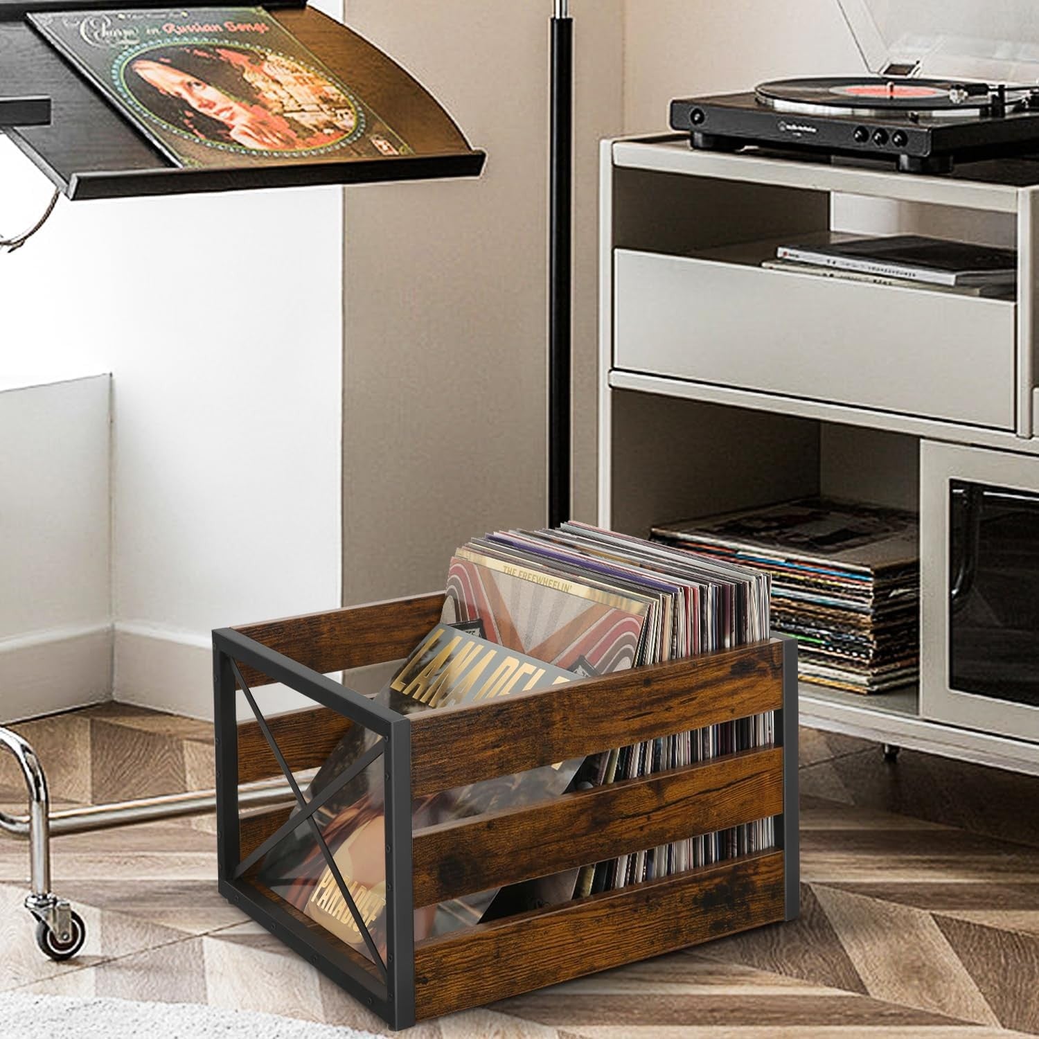 YINMIT large vinyl record storage crate with metal frame and wooden accents, designed for organizing LP records.