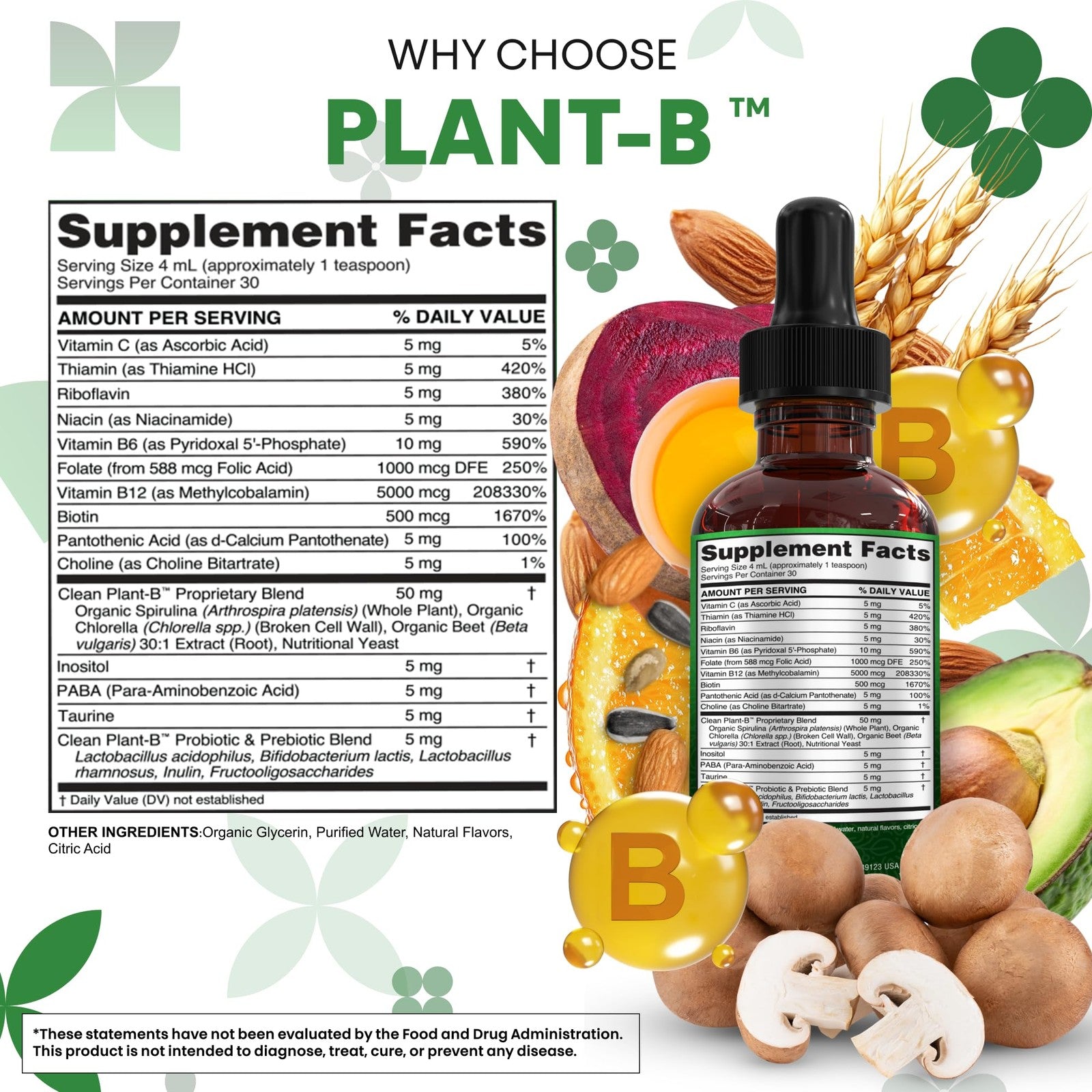 Clean Nutraceuticals Vitamin B Complex Liquid Drops with Thiamine B1, B6, B2, B3, B5, B7, B9, B12, in a glass dropper bottle.