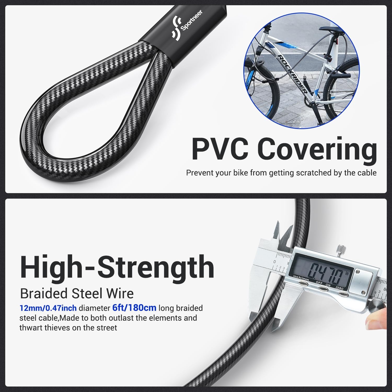 Sportneer bike U lock with 18mm shackle and 6ft security cable, heavy-duty bike lock for added security.