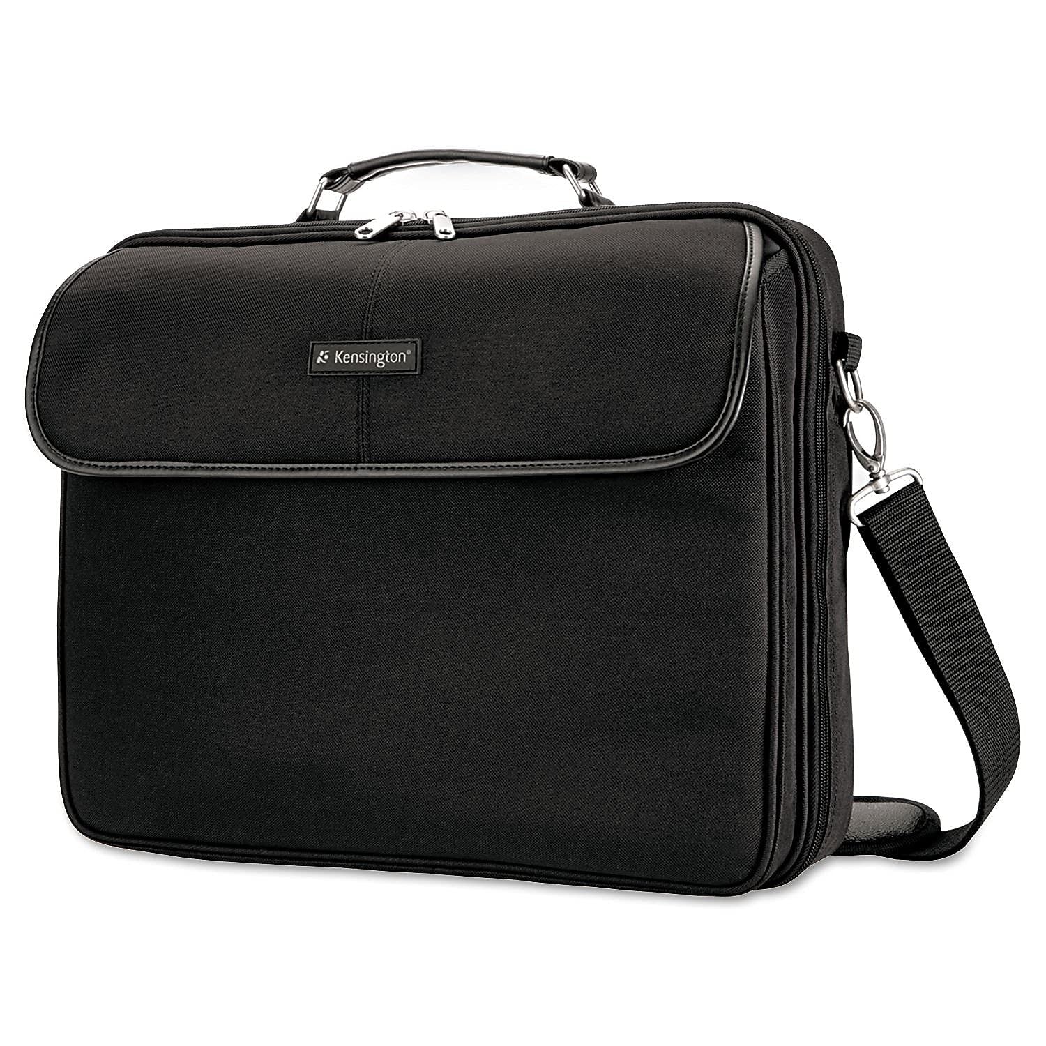Kensington black carrying case for 15.6-inch laptop with padded interior and handles, designed for safe transport of notebooks and laptops.