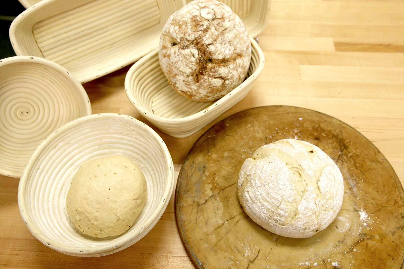 Frieling sourdough proofing basket, 17-inch by 4-inch rectangular natural brown basket with textured surface for bread rising.