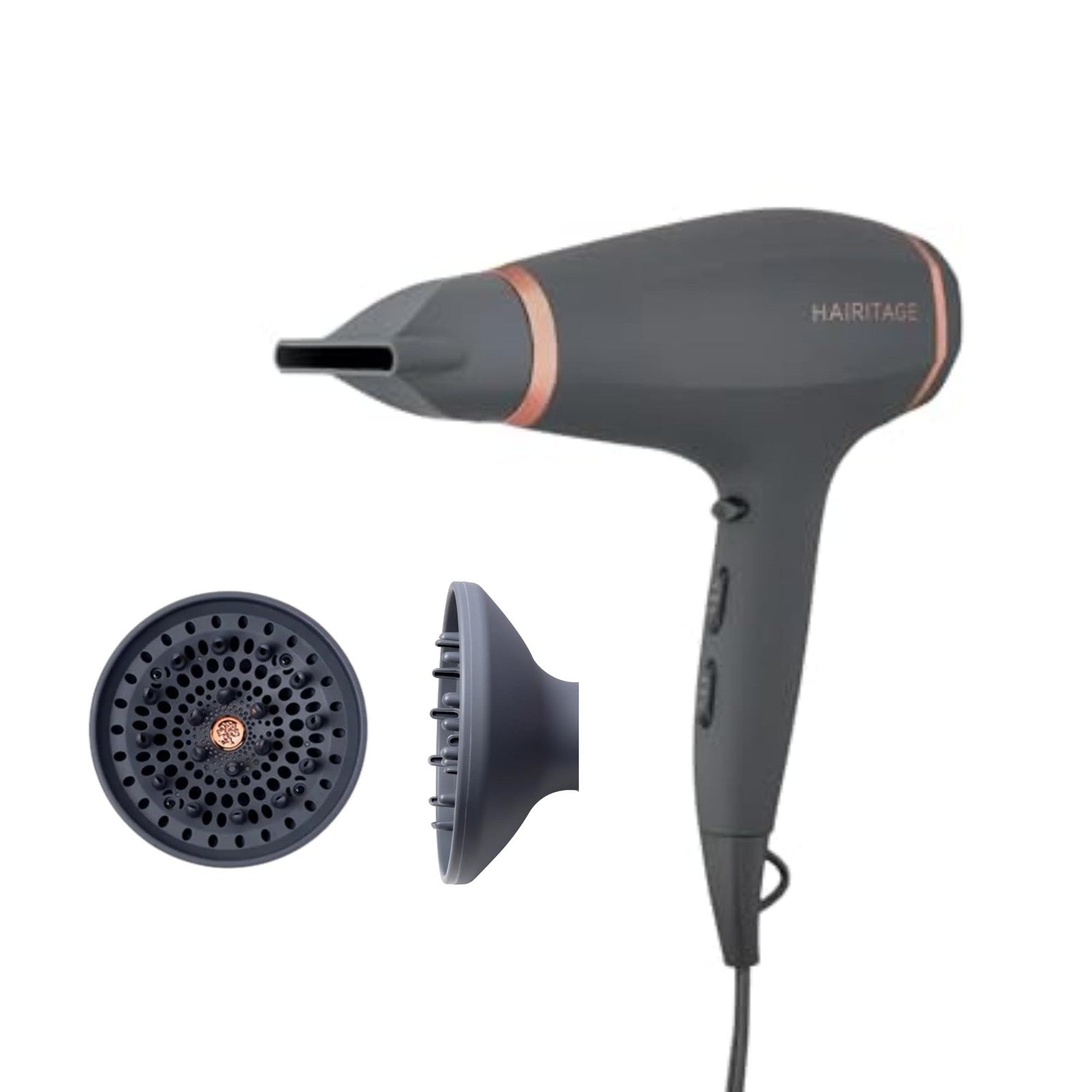 Hairitage Ionic hair blow dryer with diffuser and concentrator attachments, showing the sleek black and silver design and multiple nozzle options.