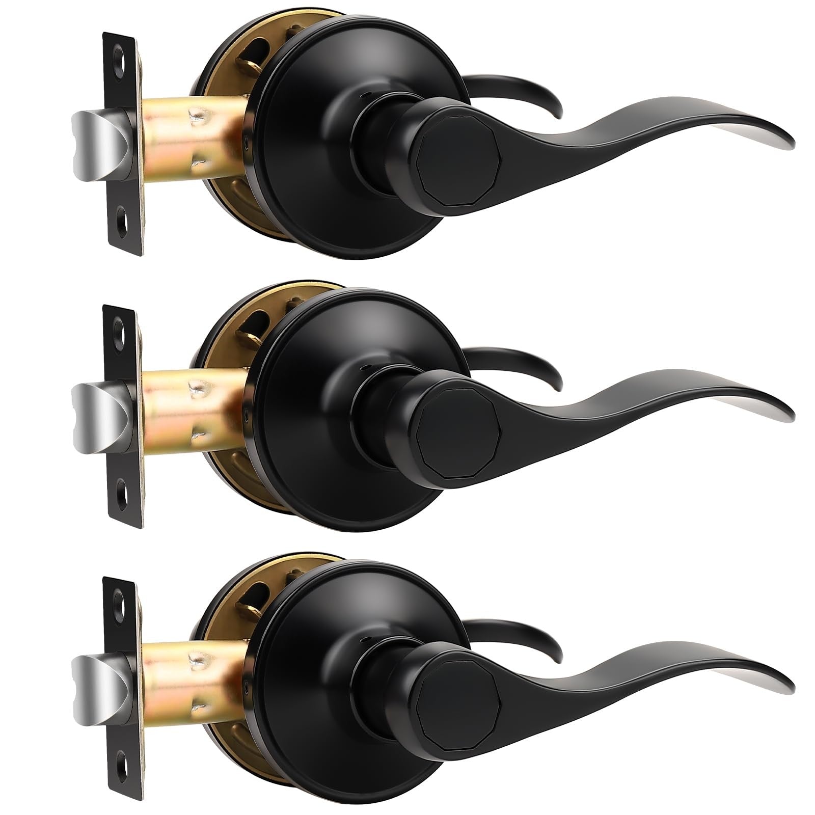 Set of three matte black passage door levers from Knobonly, interior door handles with sleek modern design.