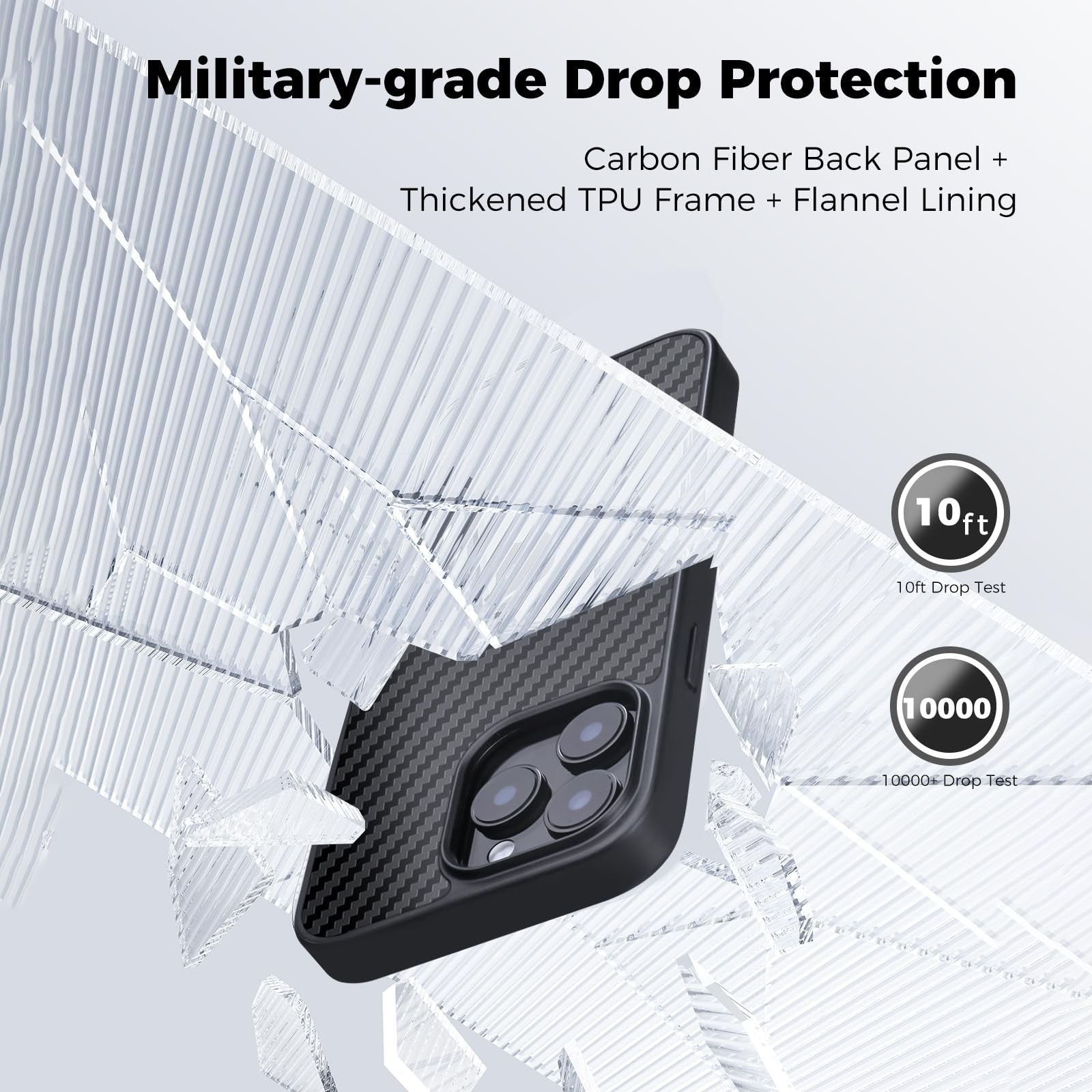 MONOCARBON iPhone 16 Pro Max carbon fiber case with 3K weave pattern, military-grade protection, and precise cutouts.
