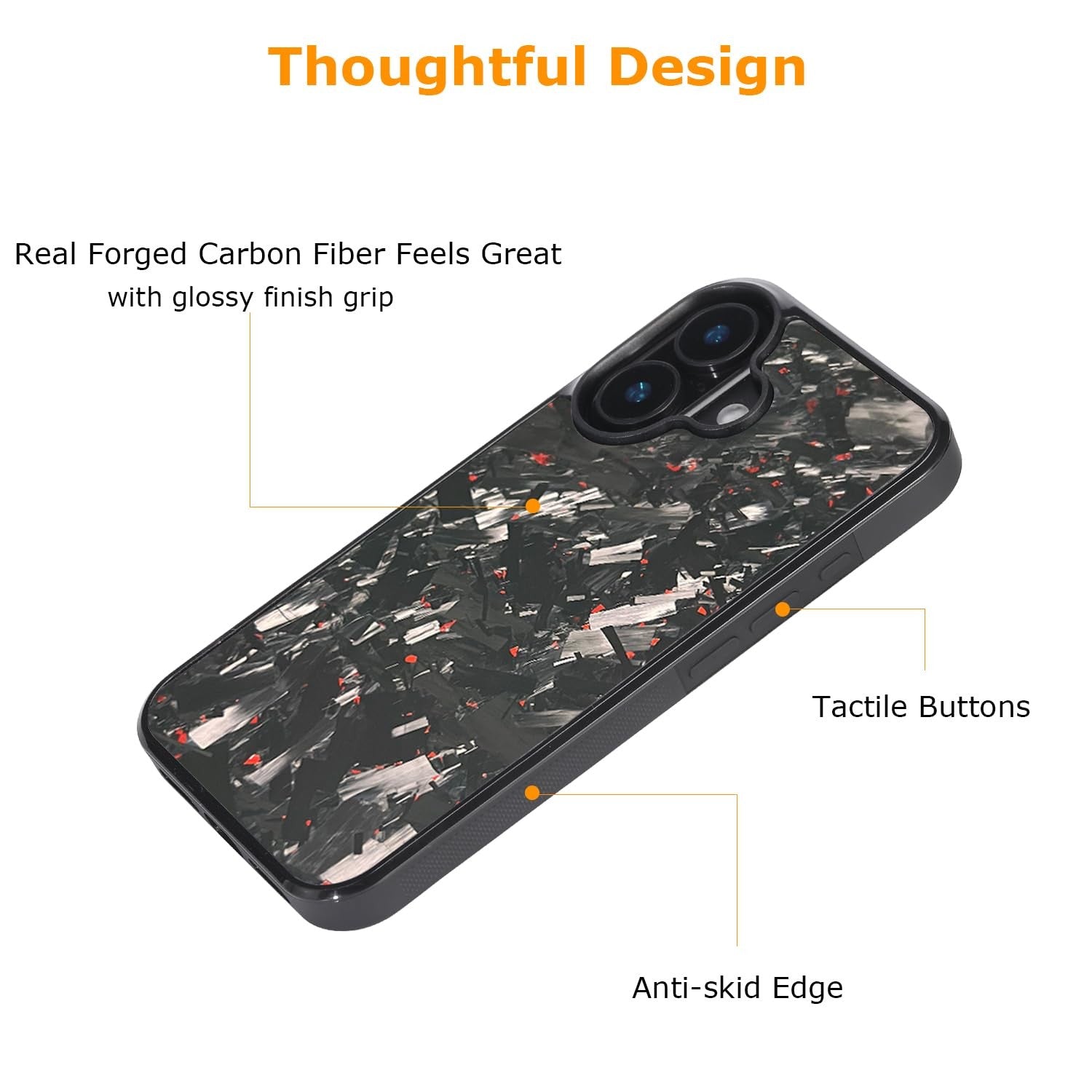molzar Grip Series iPhone 16 case with forged carbon fiber and grippy edge, showcasing sleek design and textured surface.