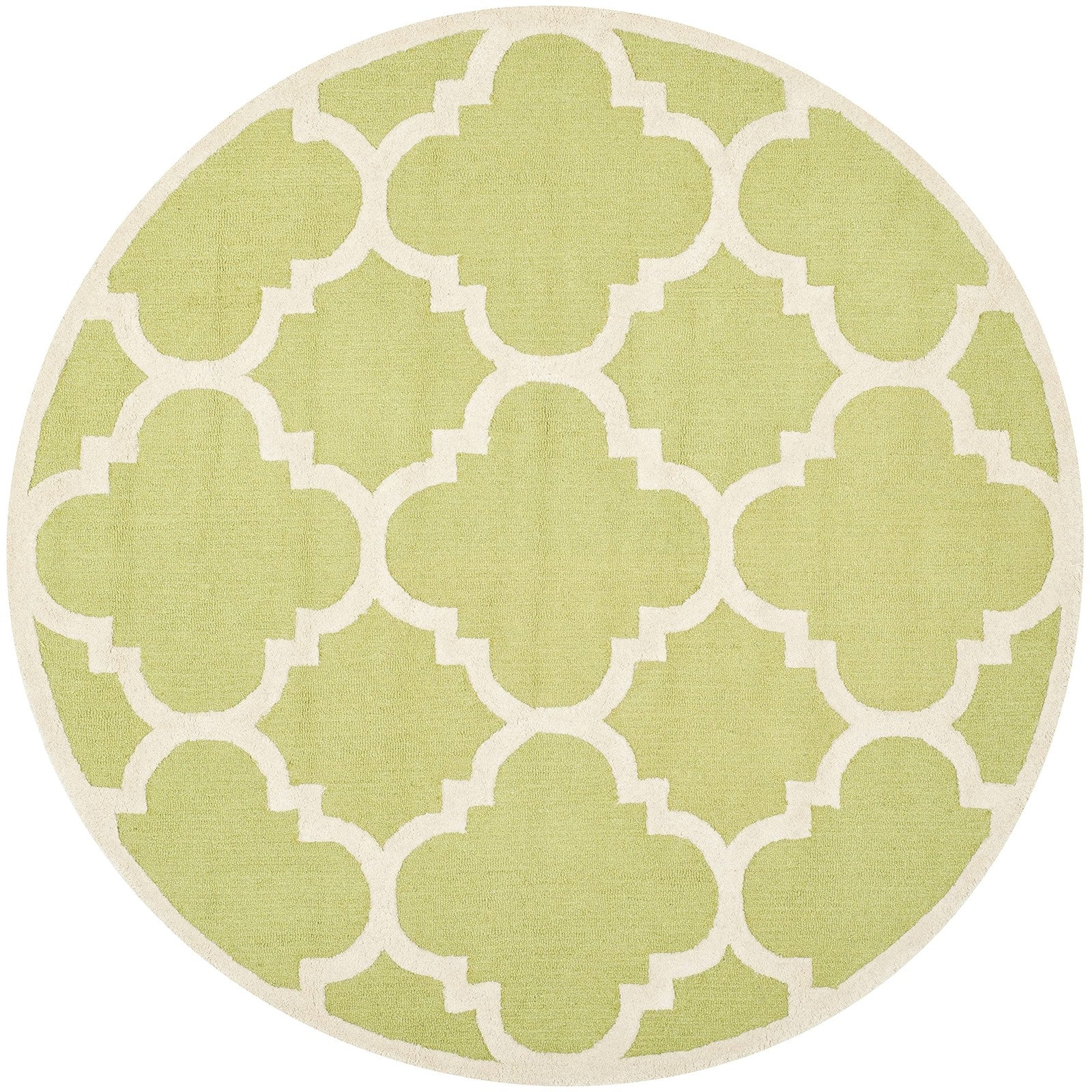 Safavieh Cambridge Collection Moroccan round rug with green and ivory geometric patterns, handmade and crafted with intricate details.