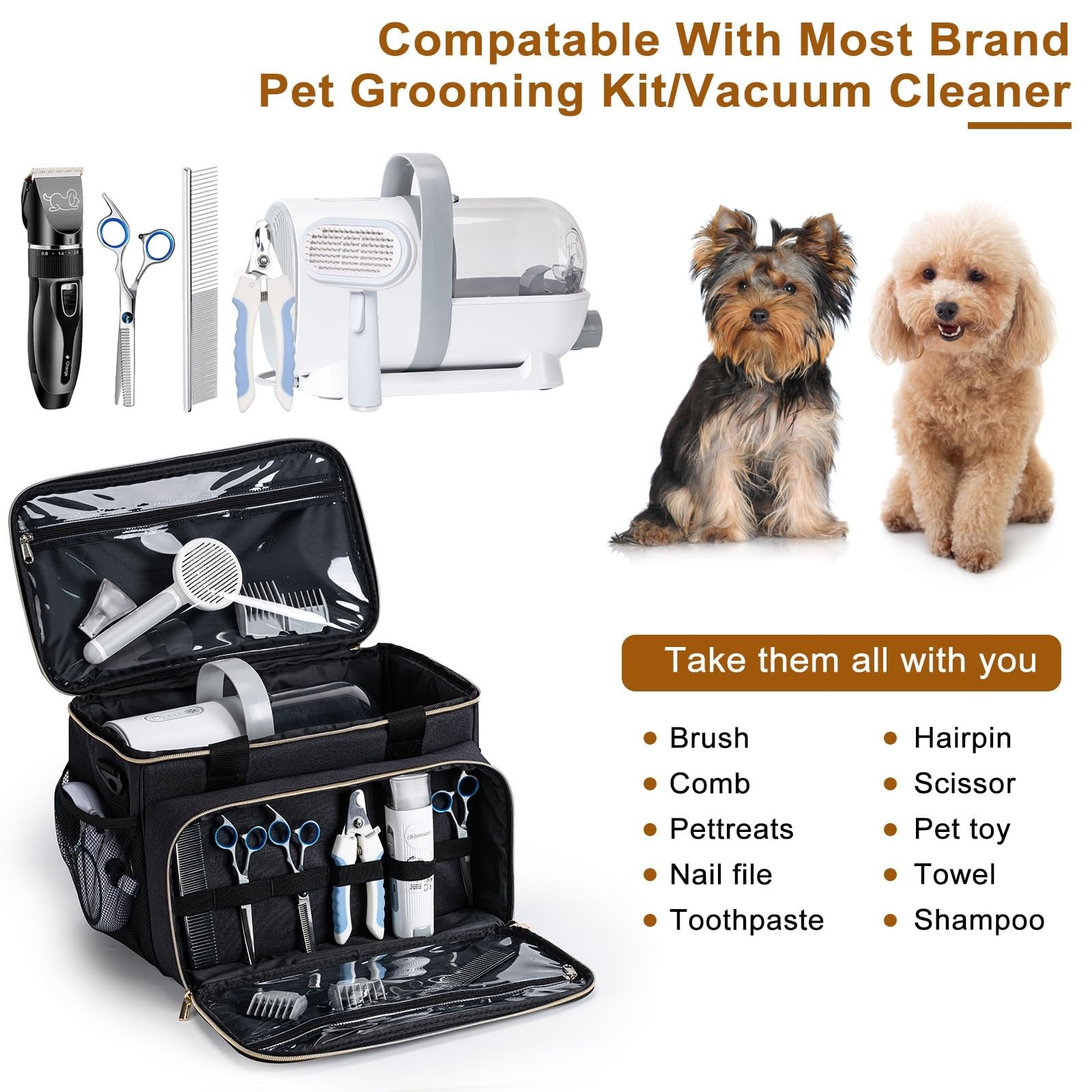BABEYER dog grooming vacuum bag for pet hair, compact grooming kit bag with zippers, designed for easy storage and organization.
