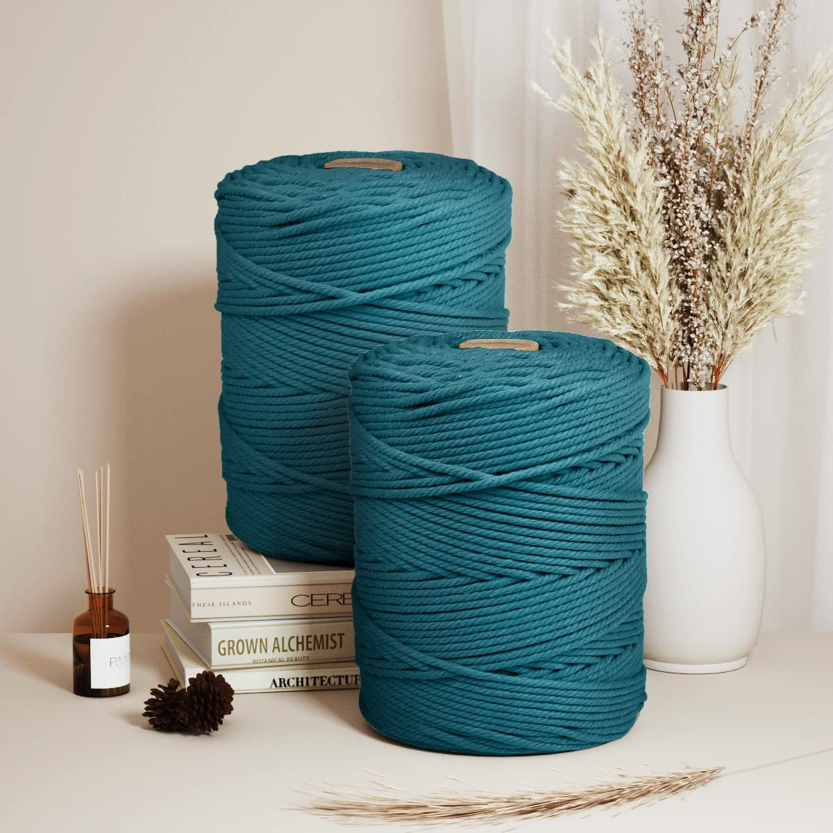 Natural handmade peacock blue macrame cotton cord, 5mm thick, braided, 328 yards, suitable for craft and DIY projects.