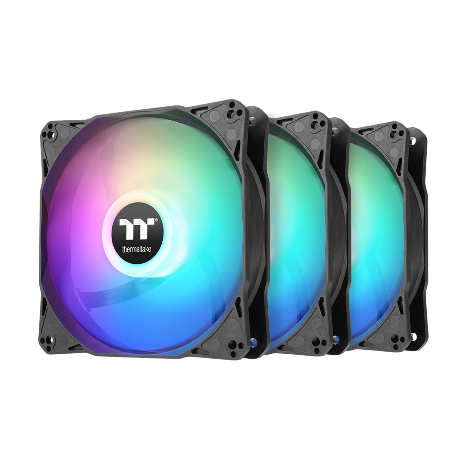 Thermaltake LE120 ARGB PWM case fans, 120mm trio with RGB lighting and adjustable speeds for cooling and aesthetic enhancement.