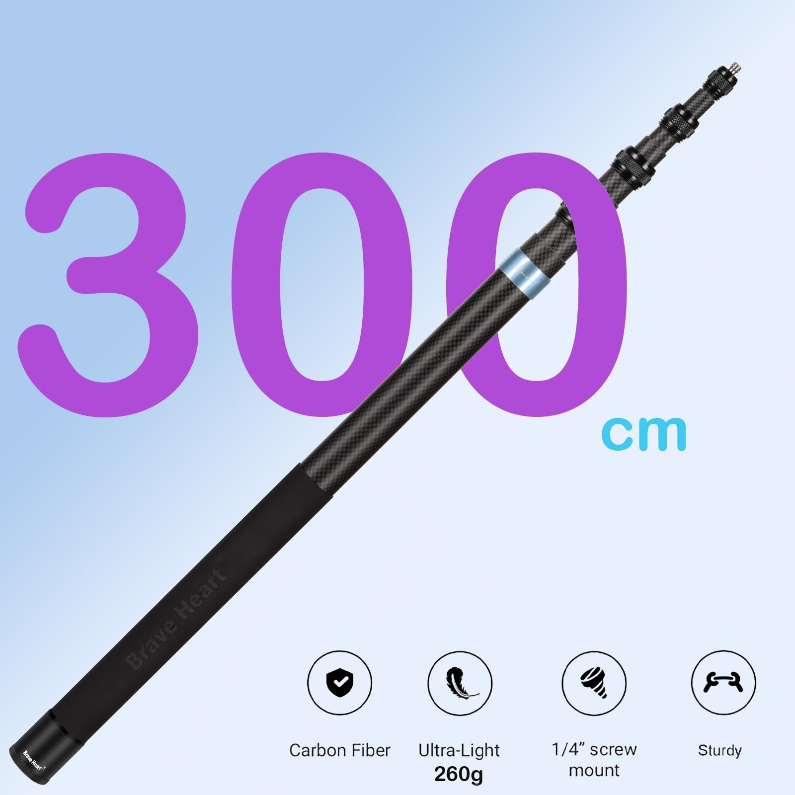 Brave Heart 118-inch invisible carbon fiber selfie stick for Insta360 X5, X4, X3, ONE X2, R, X, and GO cameras, extended and lightweight.