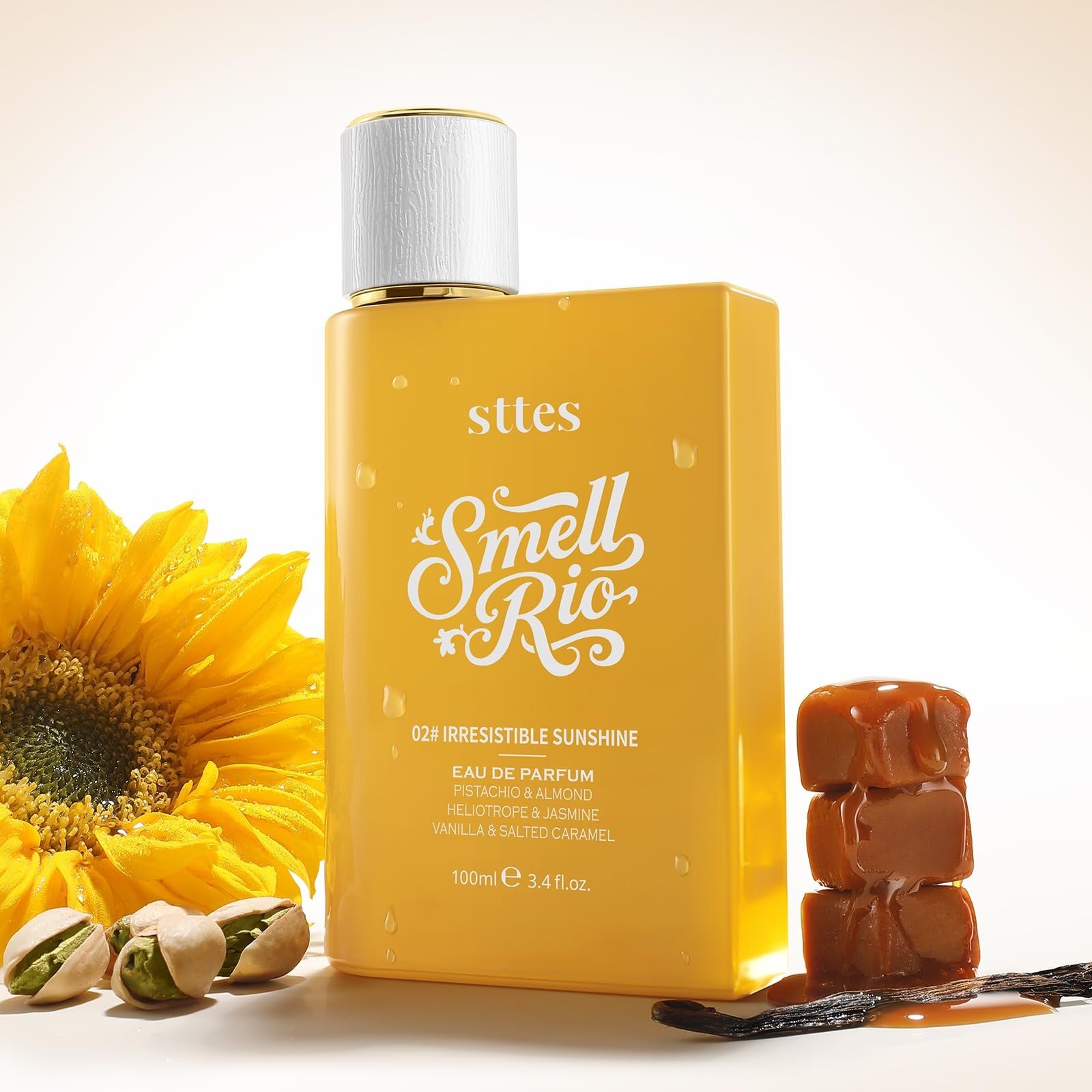 Sttes Perfume 02# Irresistible Sunshine with vanilla, salted caramel, and pistachio notes in a sleek perfume bottle.