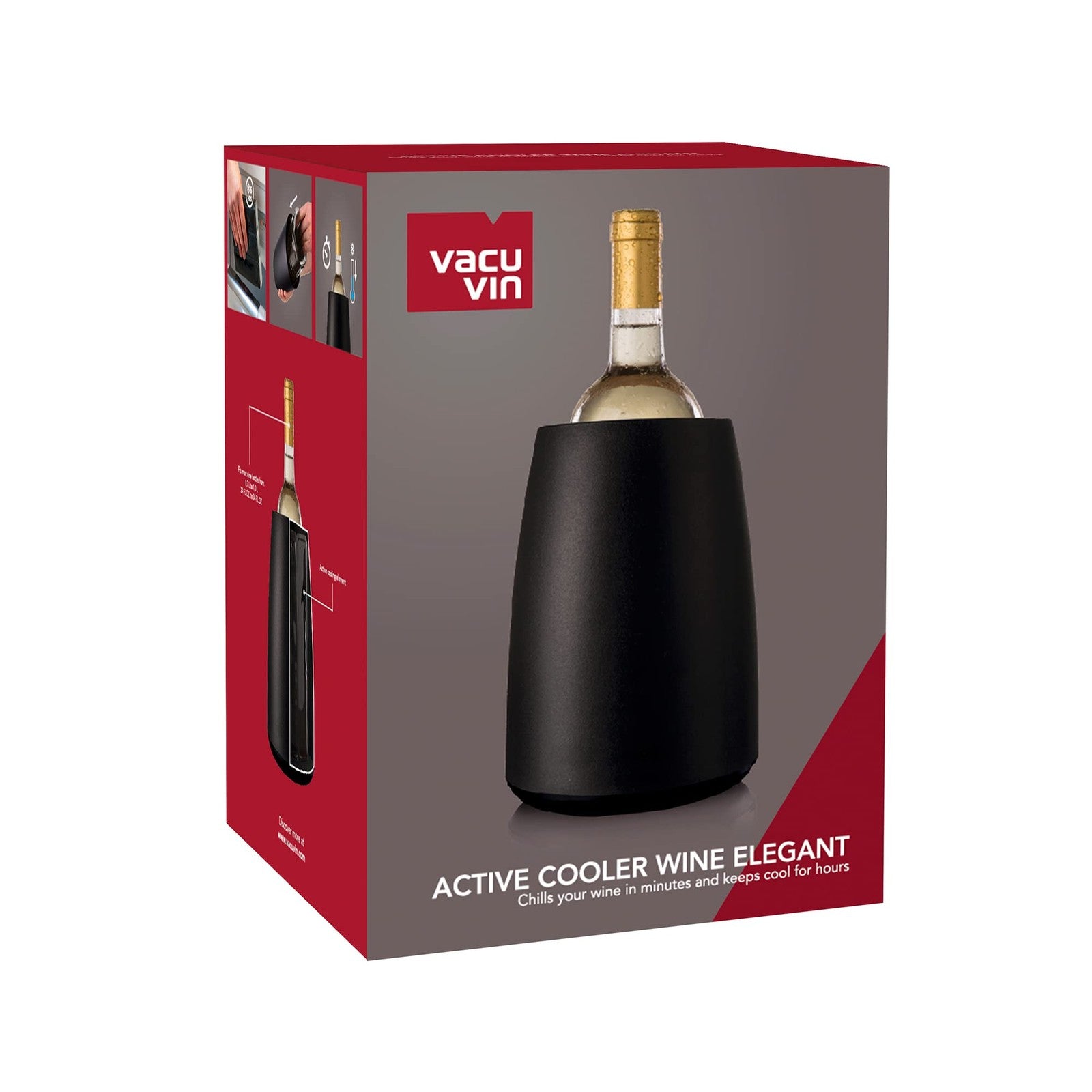 Vacu Vin Elegant Wine Cooler in black, a sleek active wine bottle chiller with a freezer insert for maintaining wine temperature.