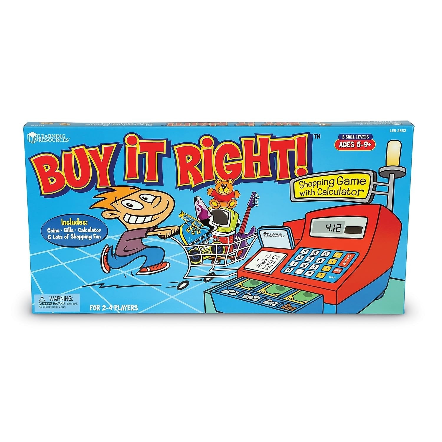 Learning Resources Buy It Right shopping game for kids, featuring colorful game pieces and cards for math learning and fun.