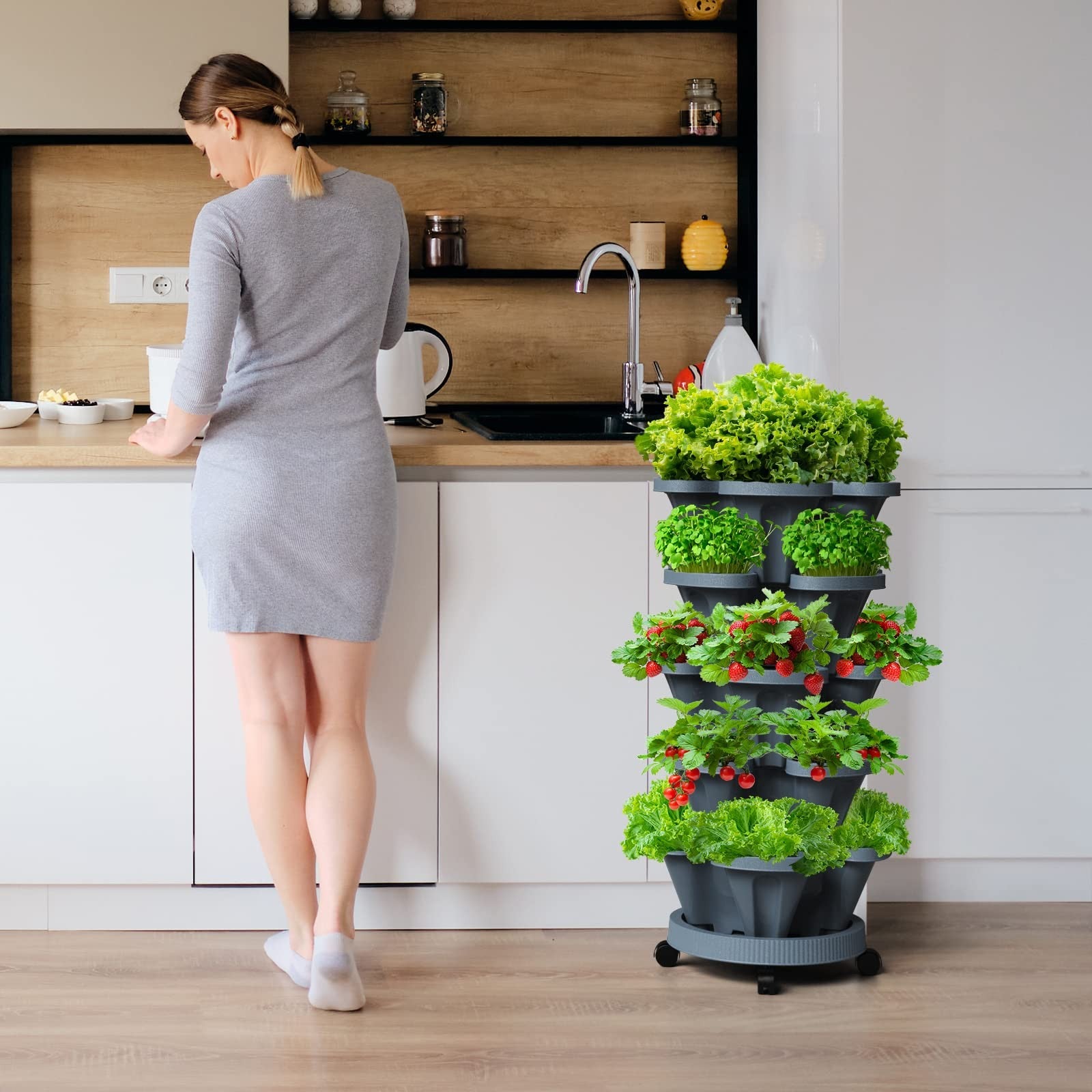 Tectsia 7-tier strawberry vertical planter tower garden with stackable tiers for home herb and vegetable gardening.