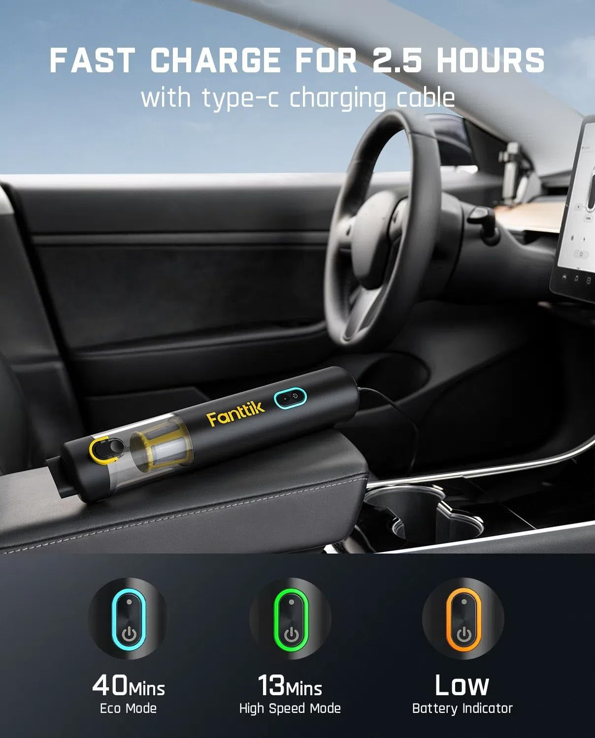 Fanttik V8 APEX 4-in-1 cordless handheld car vacuum and blower with 19000Pa suction, shown in use on vehicle interior.