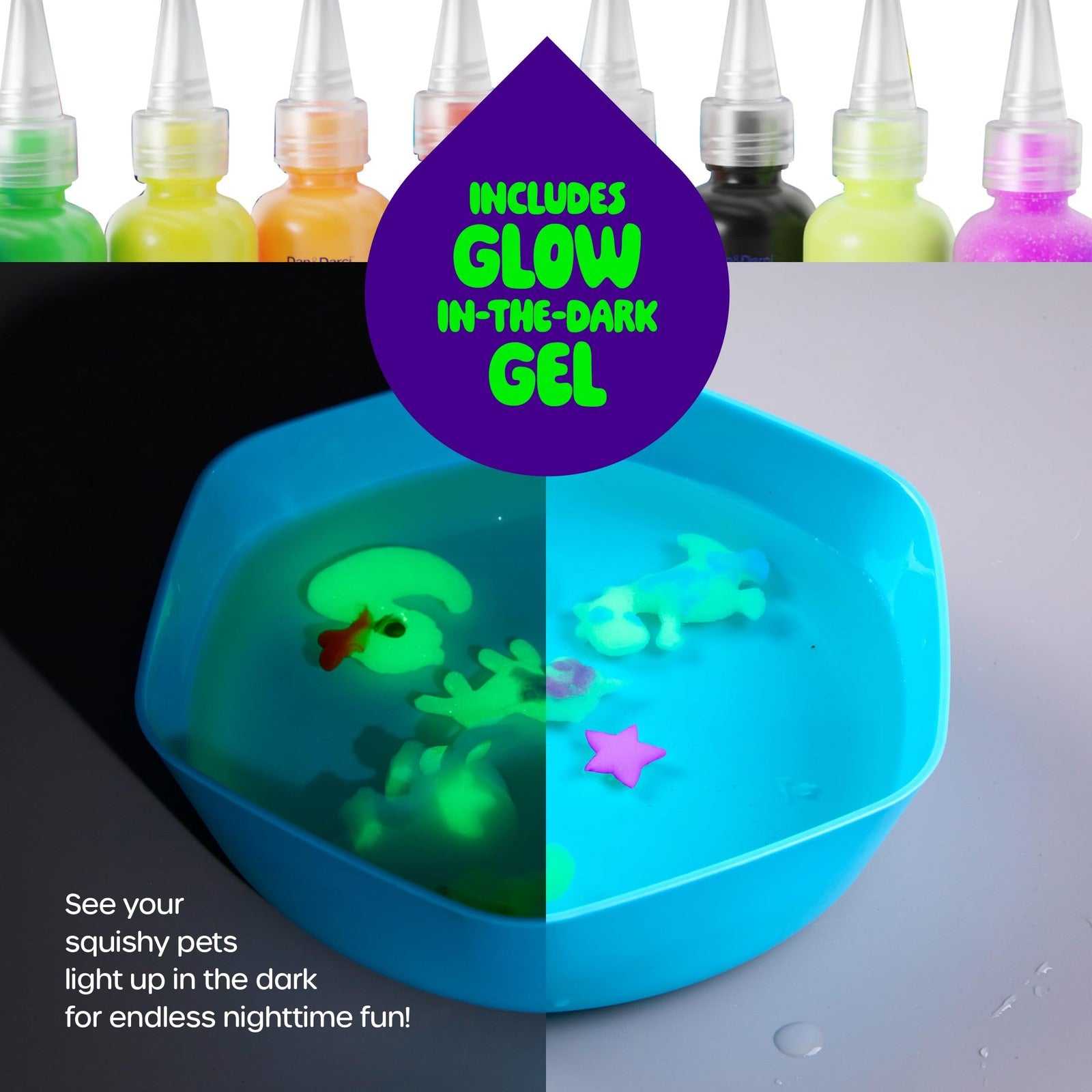 Dan&Darci Aqua Fairy Water Gel Kit with colorful gels, molds, and glow-in-the-dark features for kids' creative water pet crafting.