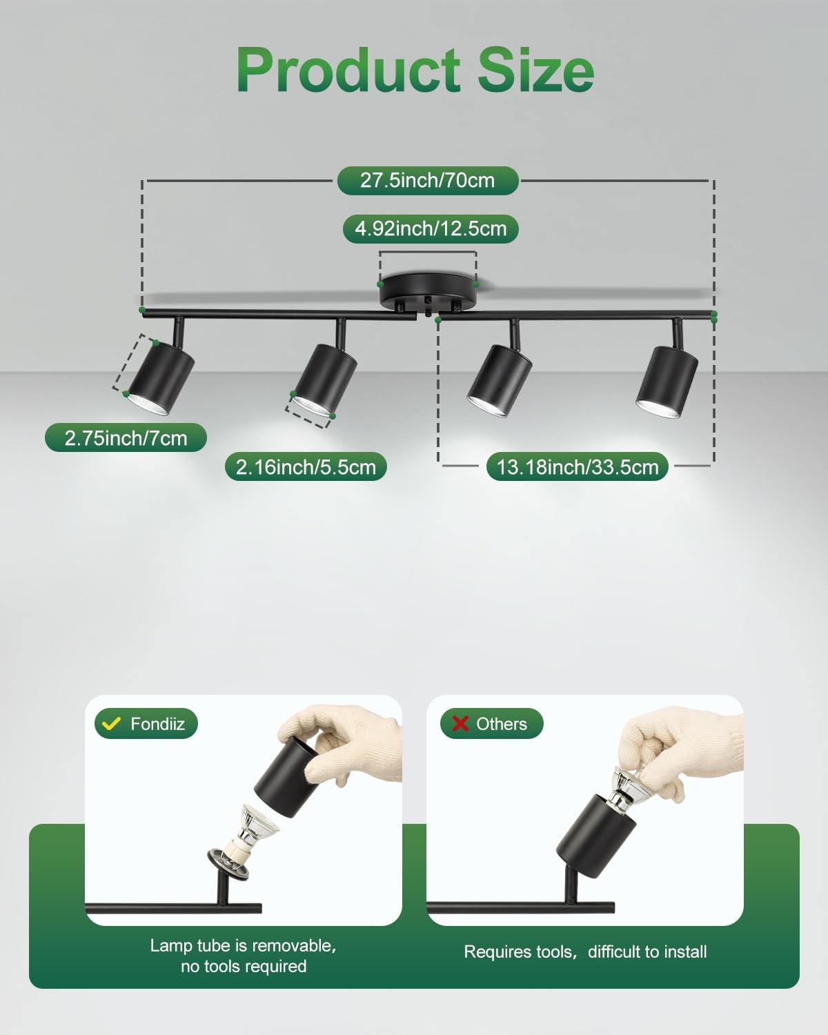 Fondiiz 4 Ways Track Lighting Ceiling Track Light with Rotatable Heads in modern black, mounted on ceiling with adjustable heads