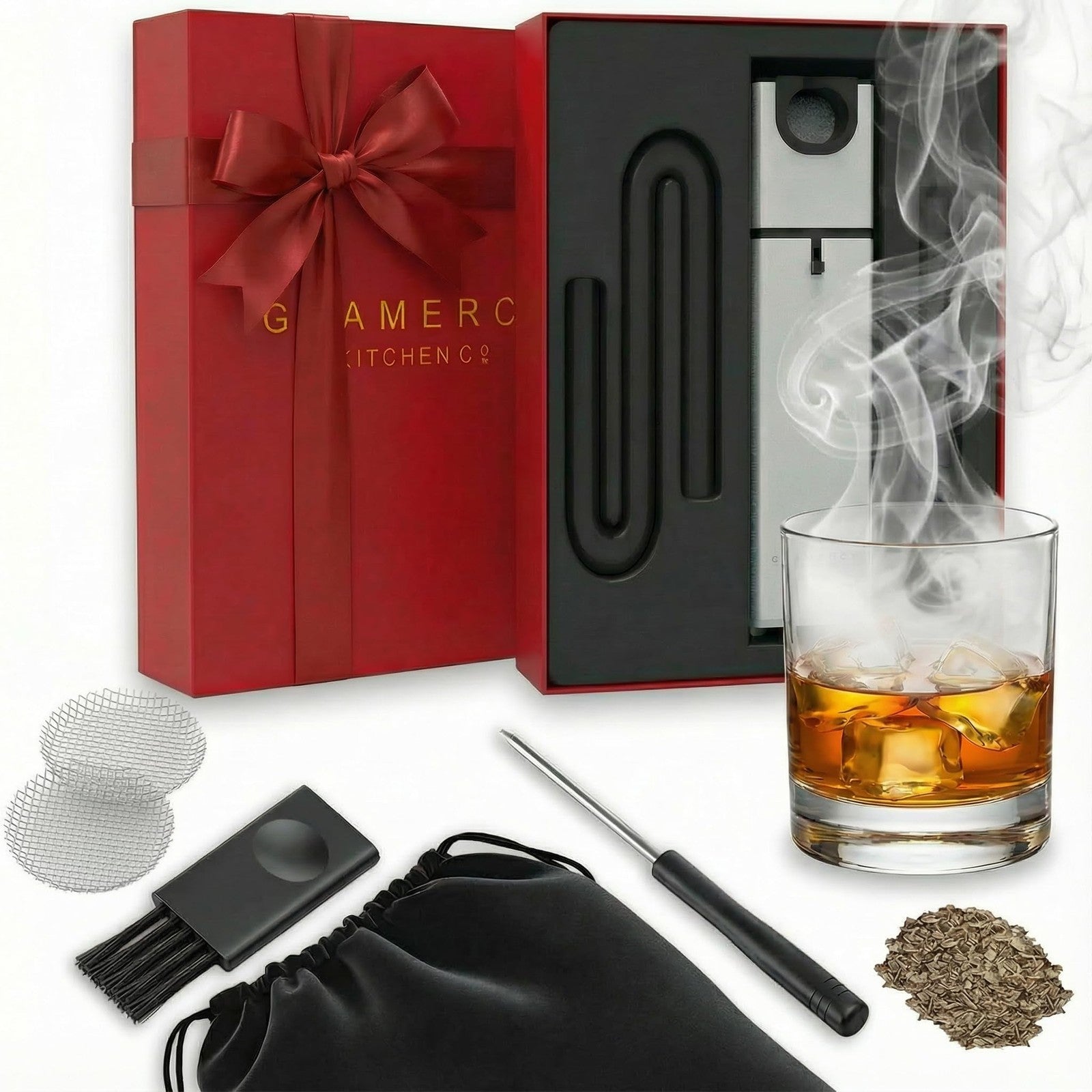 Gramercy Kitchen Company cocktail smoker kit with wood chips, indoor drink and food infuser, perfect for holiday gift sets.