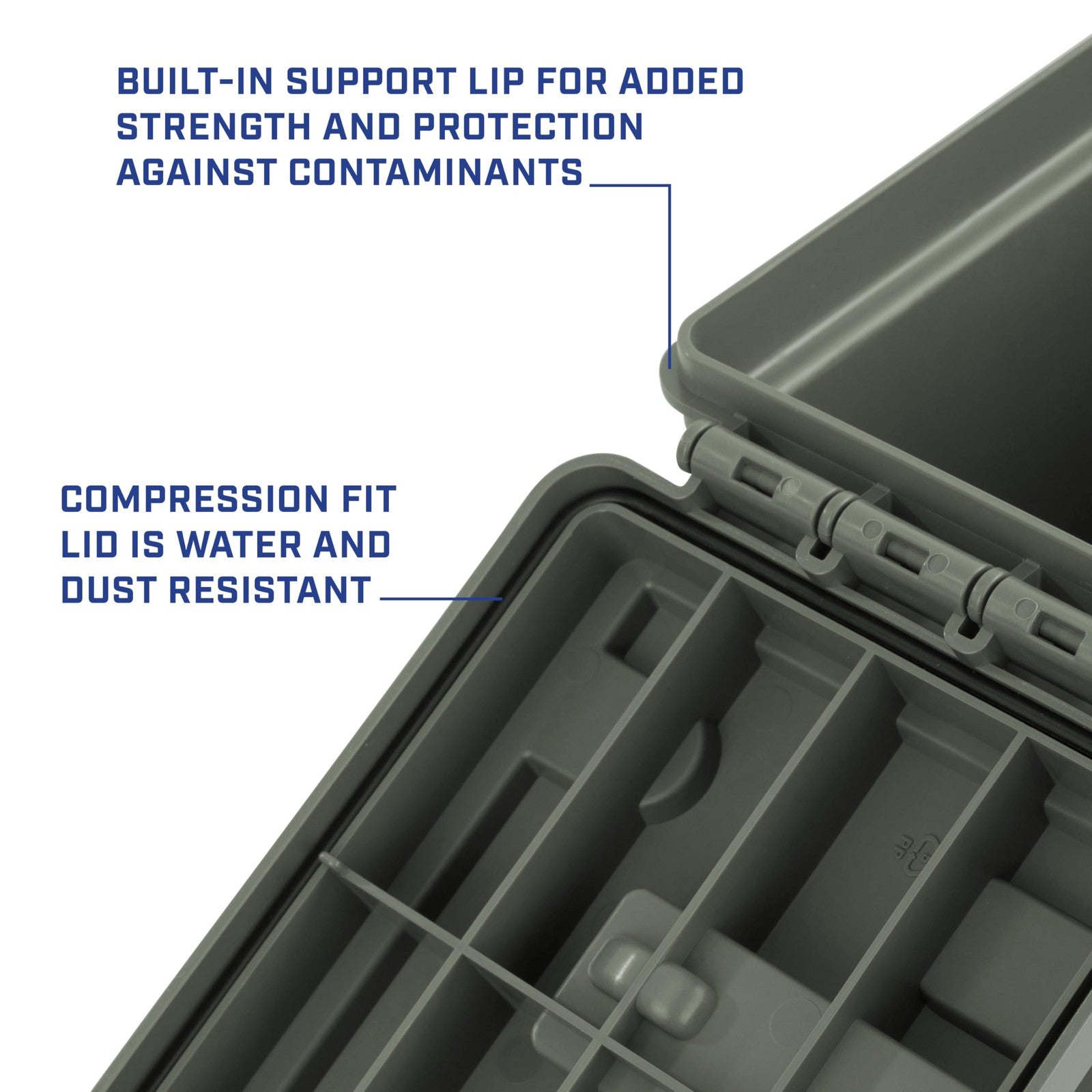 Sheffield 12713 storage bins with lids, 2-pack, stackable plastic storage containers, made in the USA, shown stacked with lids.