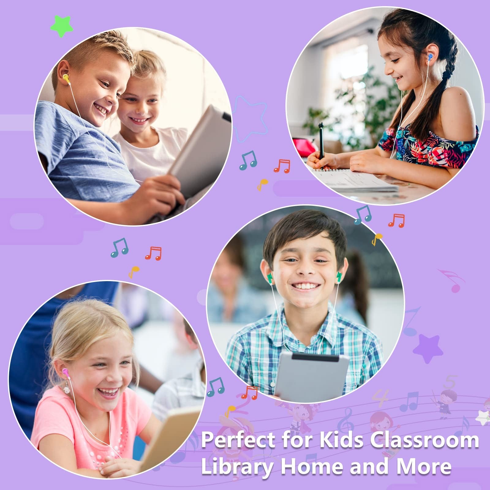 YFSFQS bulk kids earbuds for classroom, 200 wired in-ear headphones with colorful design for students.