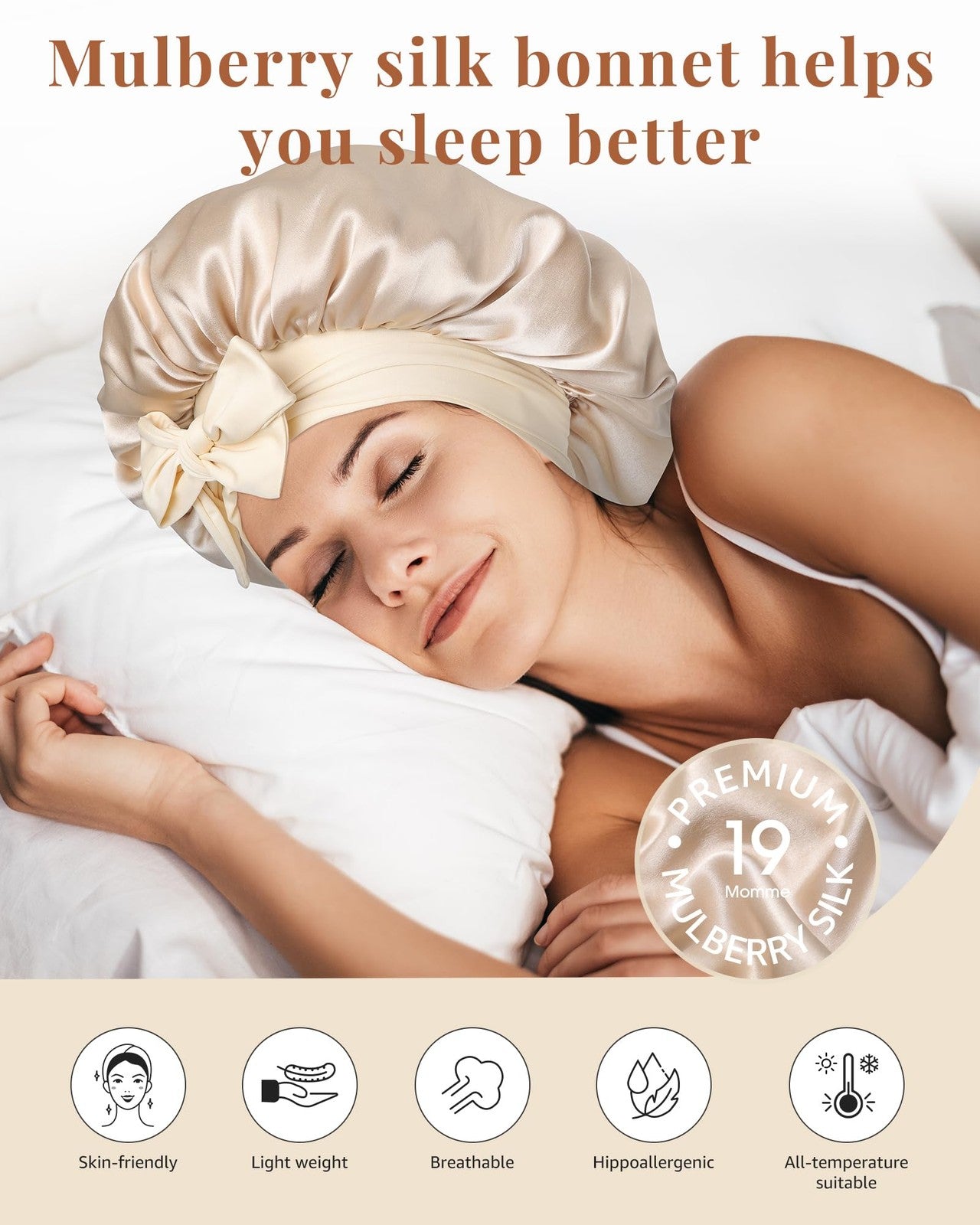 AWAYTR 100% Mulberry silk sleeping bonnet for women with a double-layer band, designed to protect hair overnight.