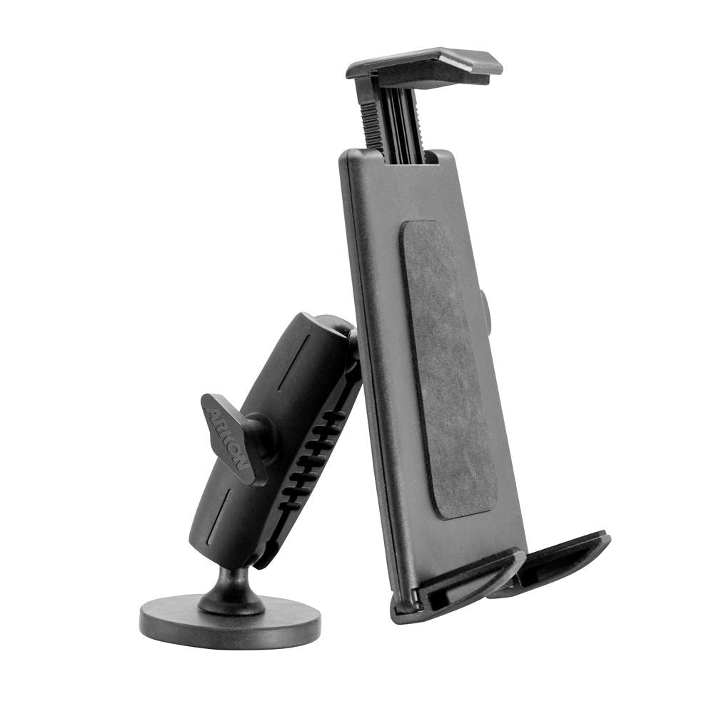 ARKON magnetic tablet mount for 9-12 inch tablets, designed for forklifts, with a sturdy, adjustable clamp and smooth magnetic connection.