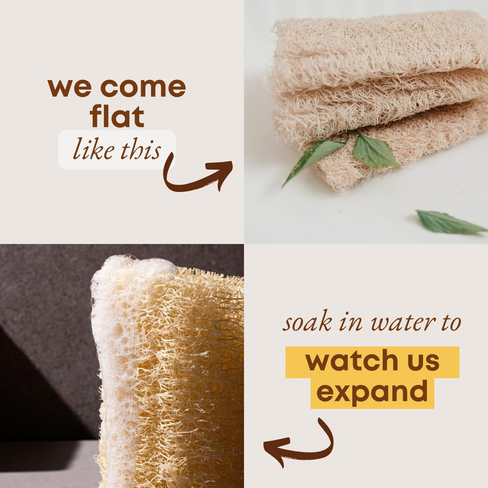 Miw Piw natural loofah sponge 4-pack for exfoliating body and kitchen cleaning, showing textured natural loofah material.