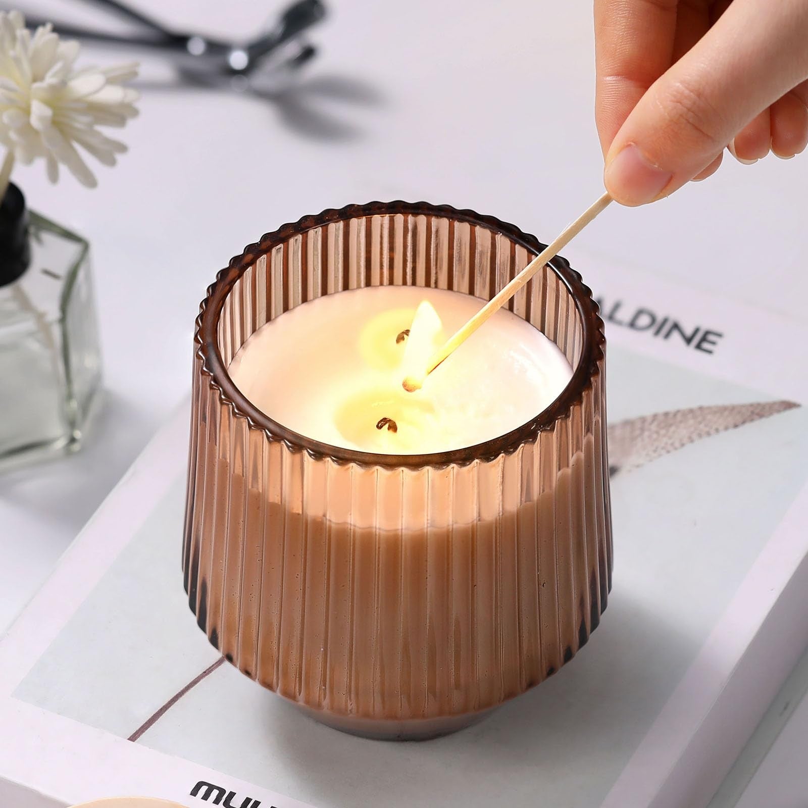 Six Simeitol 13 oz terracotta ribbed glass candle jars for making candles, featuring a textured, ribbed design.