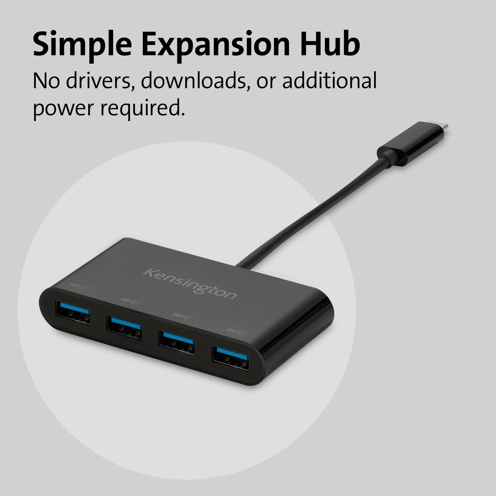 Kensington CH1200 USB-C 10Gbps 4-Port Hub with USB Type C to USB Adapter and four USB 3.0 ports visible on the hub.