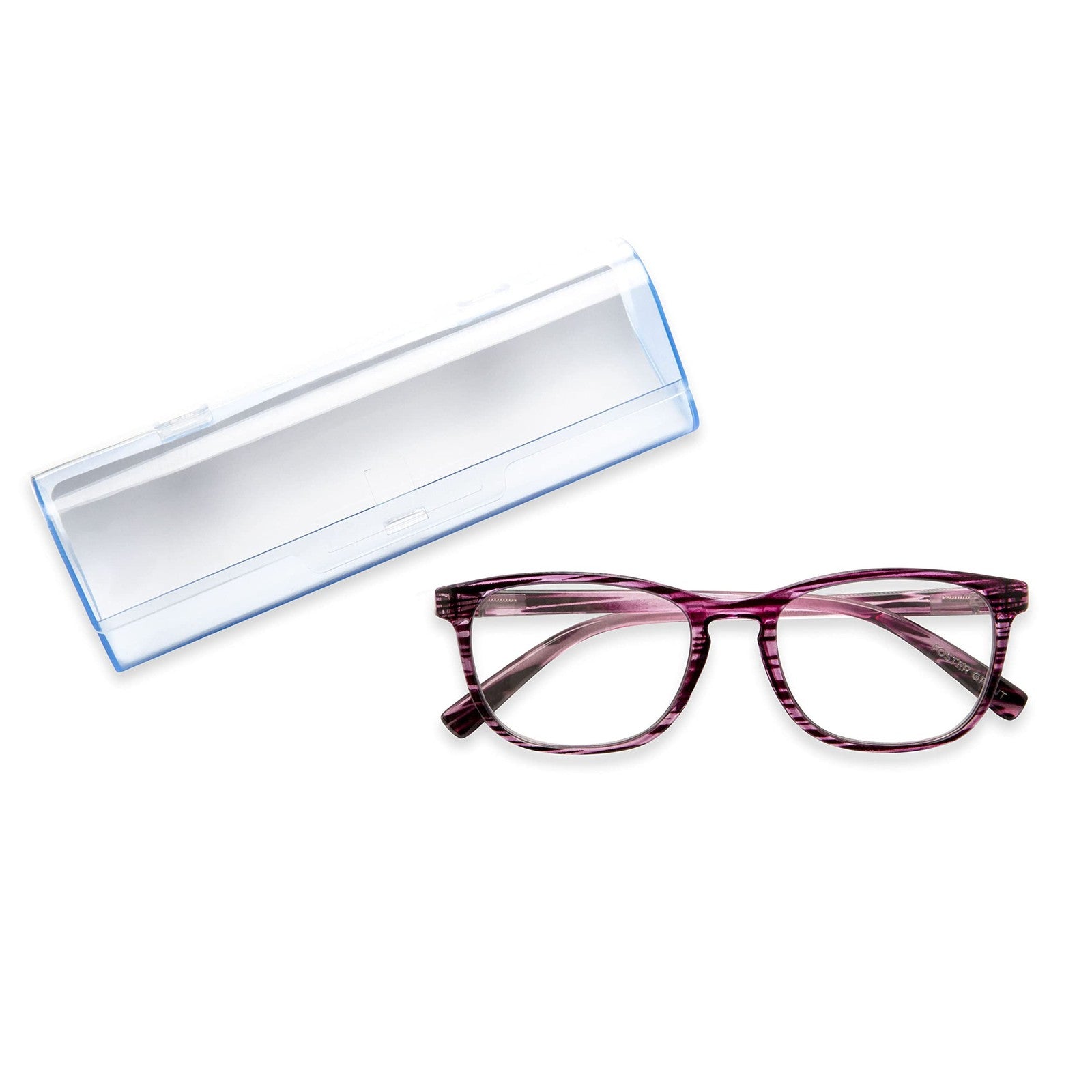 Foster Grant women's Elana Pop of Power bifocal blue light reading glasses with stylish blue frames and clear lenses.