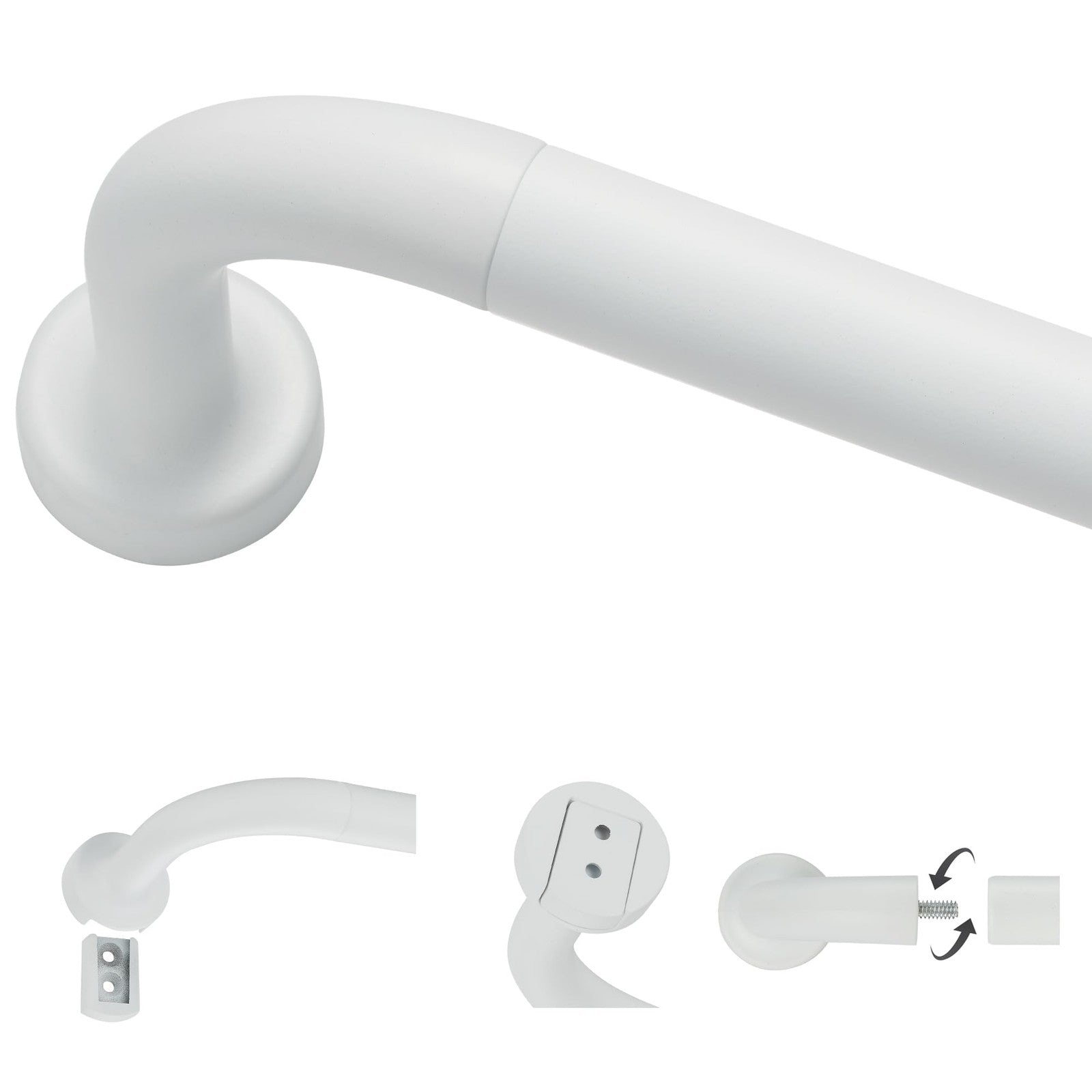 Matte white curtain rod by Lwiiom with 1-inch disc wrap-around design for windows 66 to 120 inches wide.