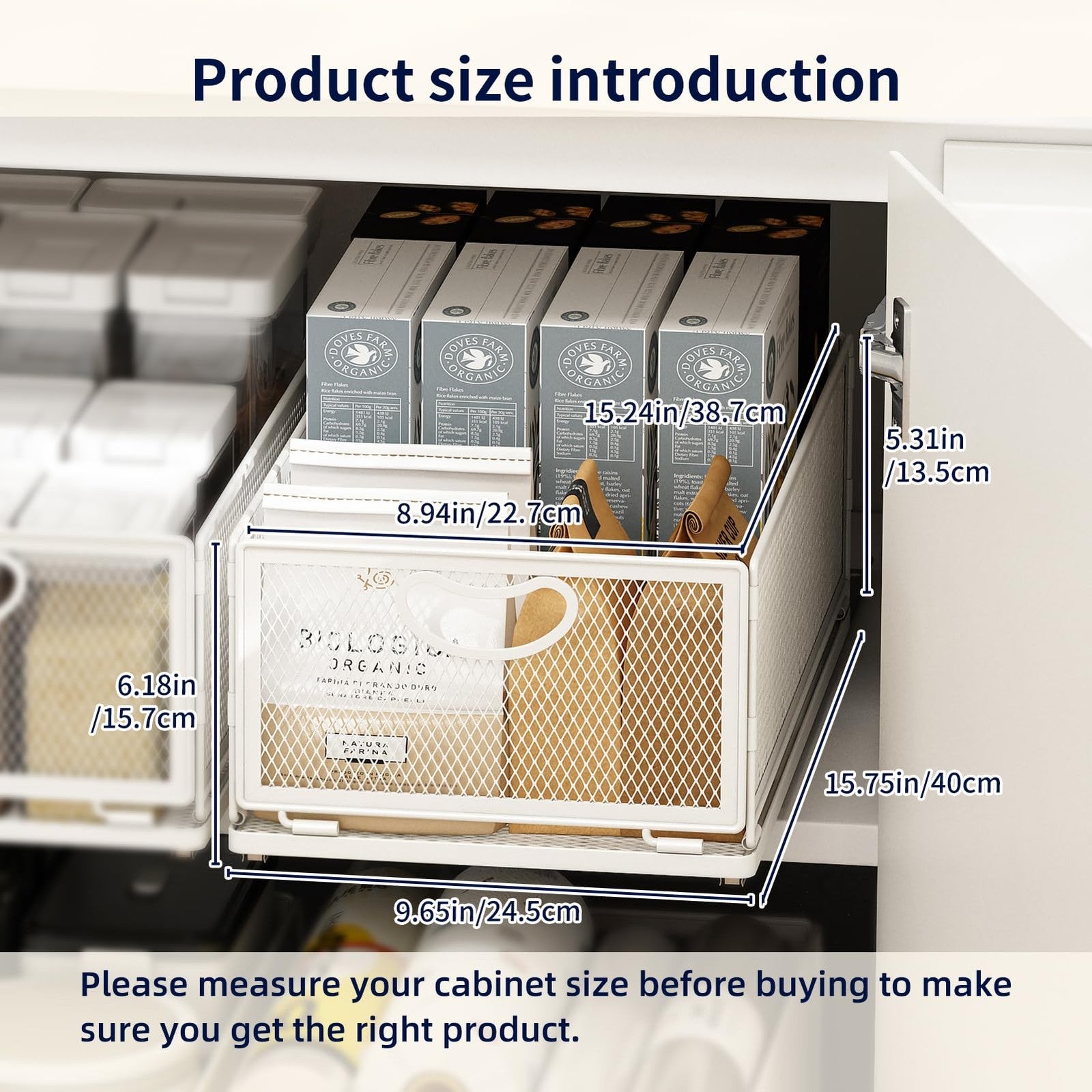 AmzAge pull-out cabinet organizer with sliding drawers, no drill adhesive, designed for kitchen storage and organization.