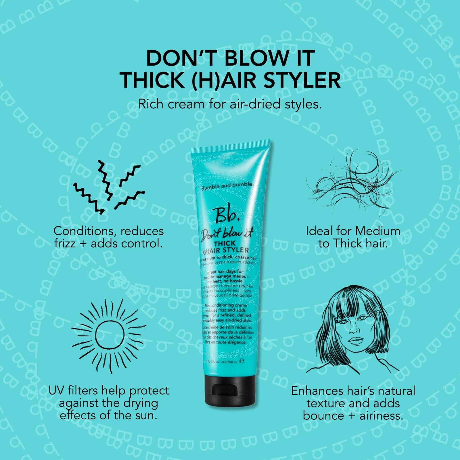 Bumble and bumble Don't Blow It Thick air styler air dry cream for medium hair, showing the product tube and packaging.